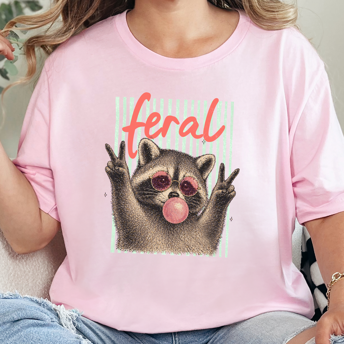 Wholesale Feral Raccoon Graphic Tee - Soft Pink Tee