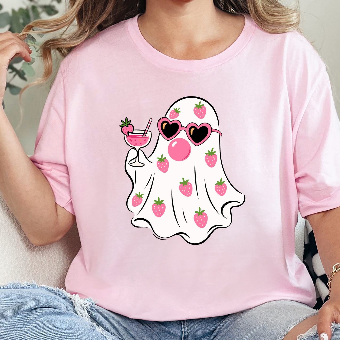 Wholesale Strawberry Ghost Graphic Tee - Soft Pink