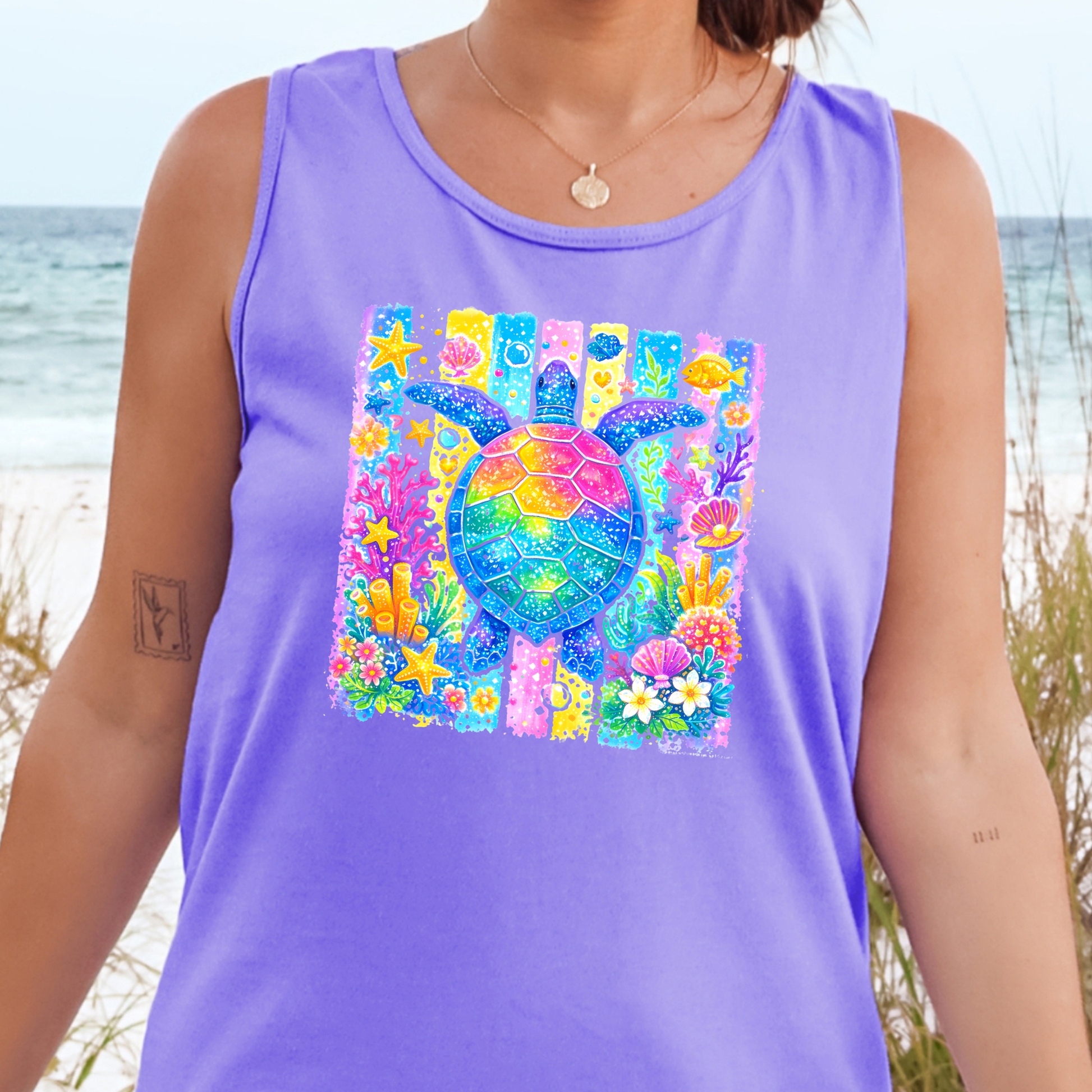 Wholesale Preppy Summer Turtle Graphic Tank Top - Violet