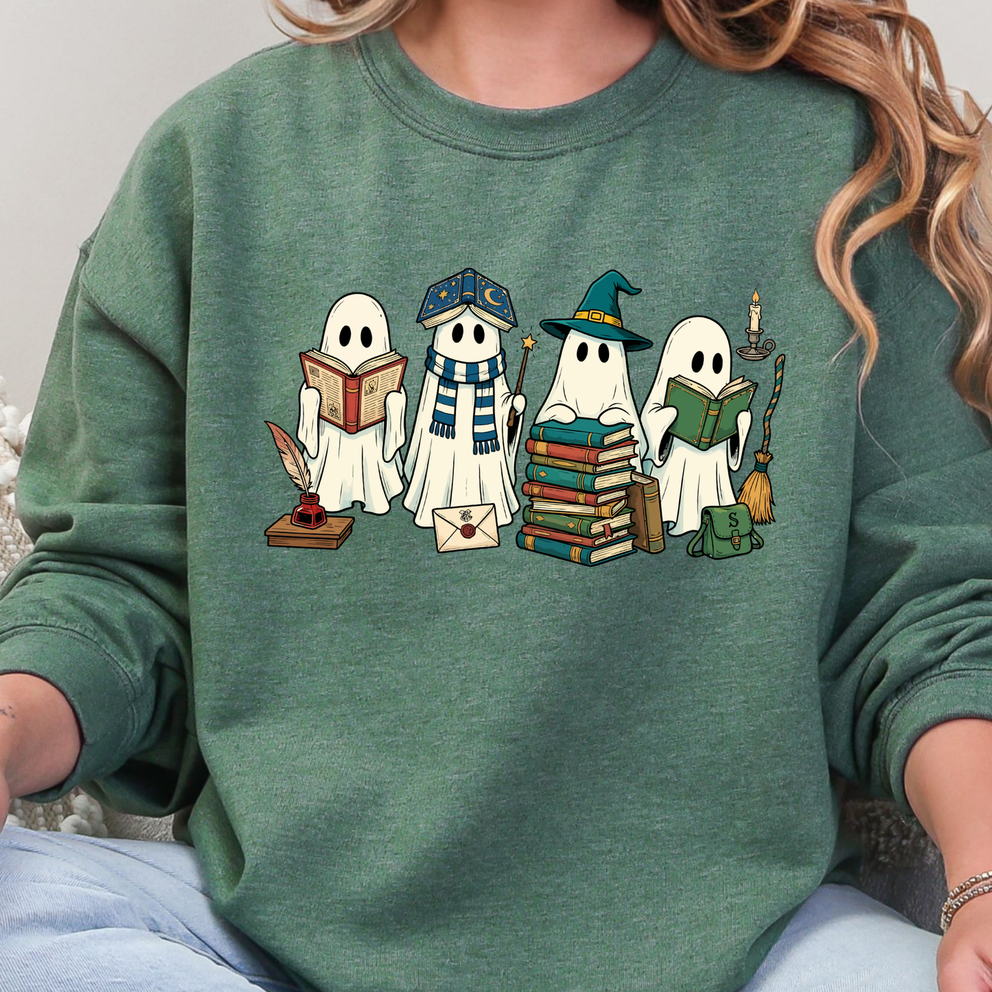 Wholesale Ghosts Reading Books Graphic Tee- Heather Dark Green