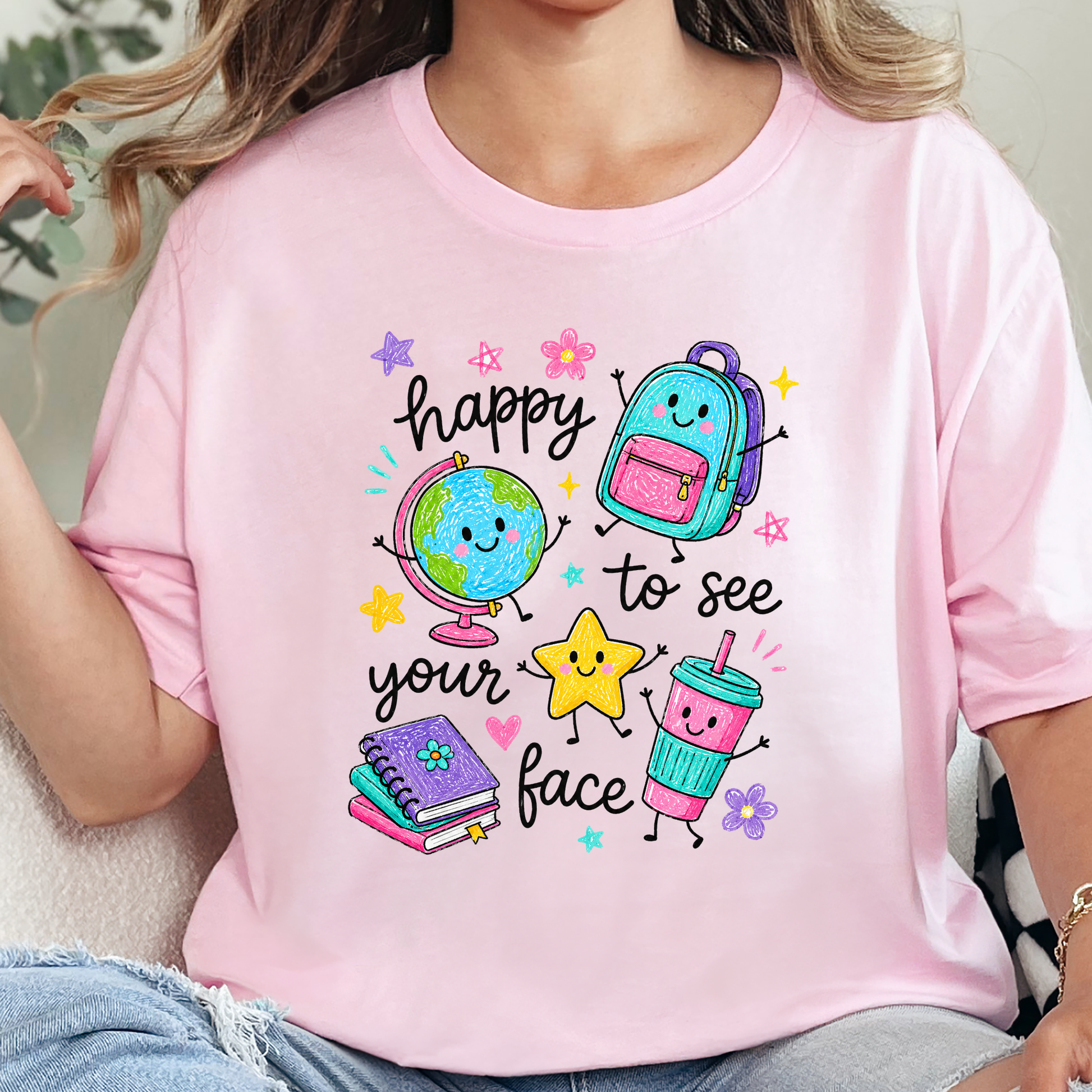 Wholesale Teacher Happy to See Your Face Graphic Tee - Soft Pink