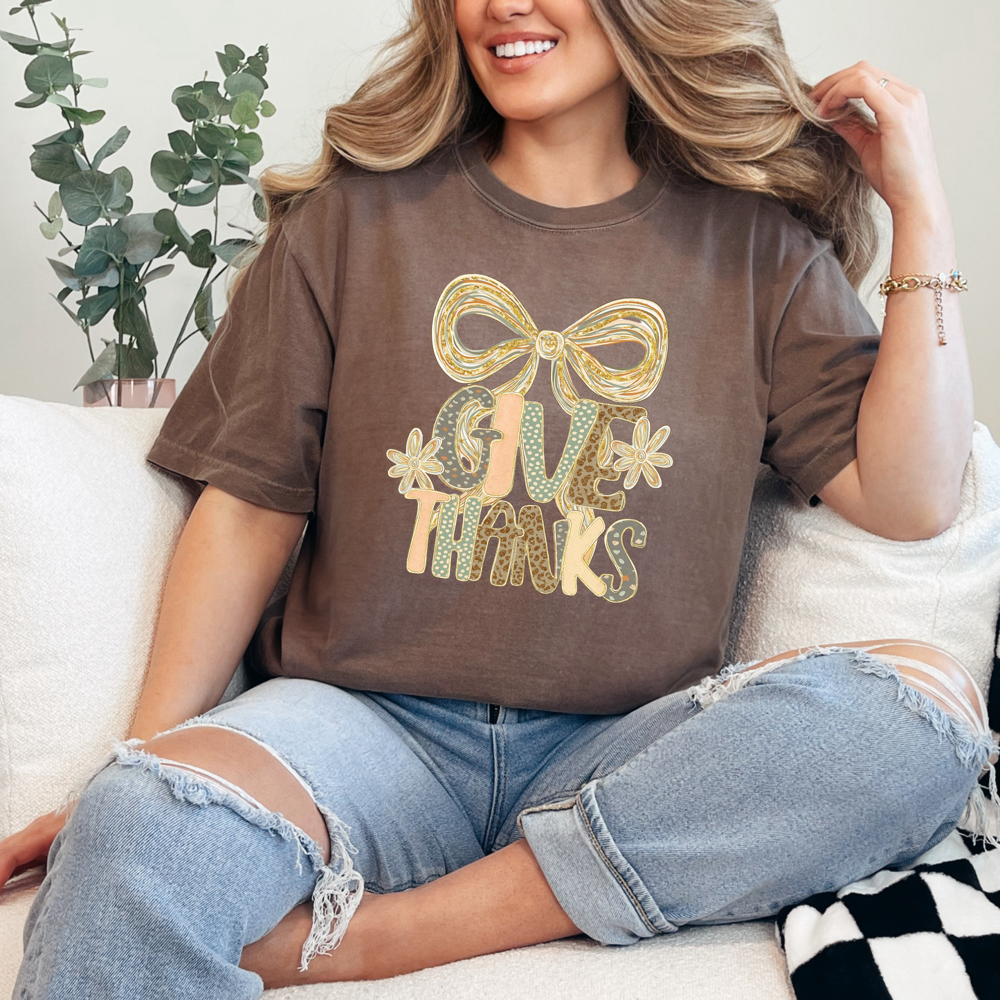 Wholesale Give Thanks Bow Graphic Tee - CC Espresso Tee