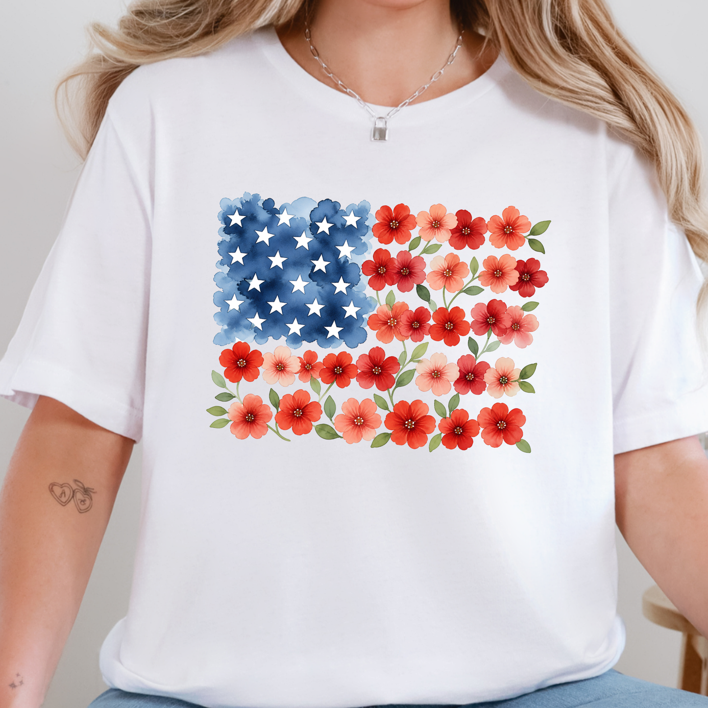 Wholesale Floral American Flag Graphic Tee - White