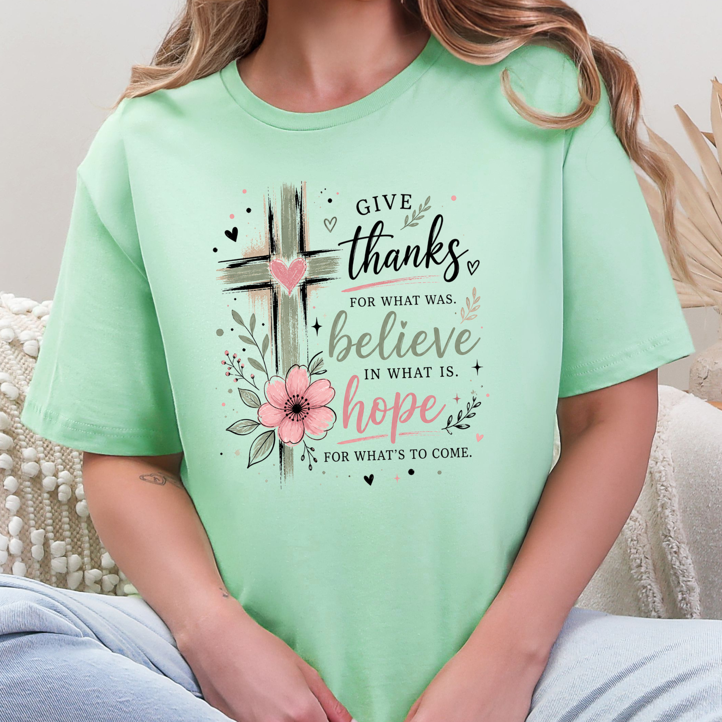 Wholesale Give Thanks Believe Hope Graphic Tee - Mint