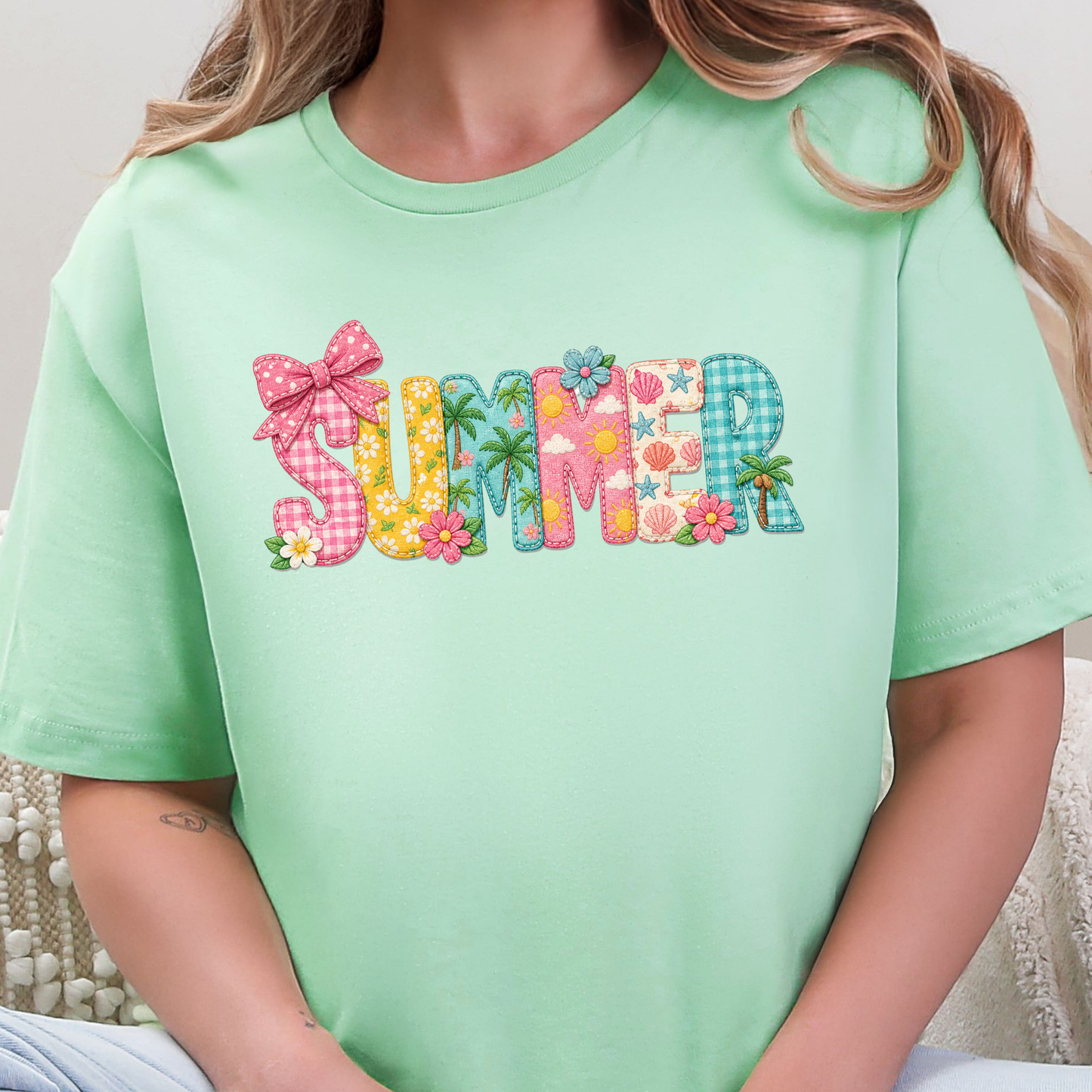 Wholesale Summer Patchwork Graphic Tee - Mint