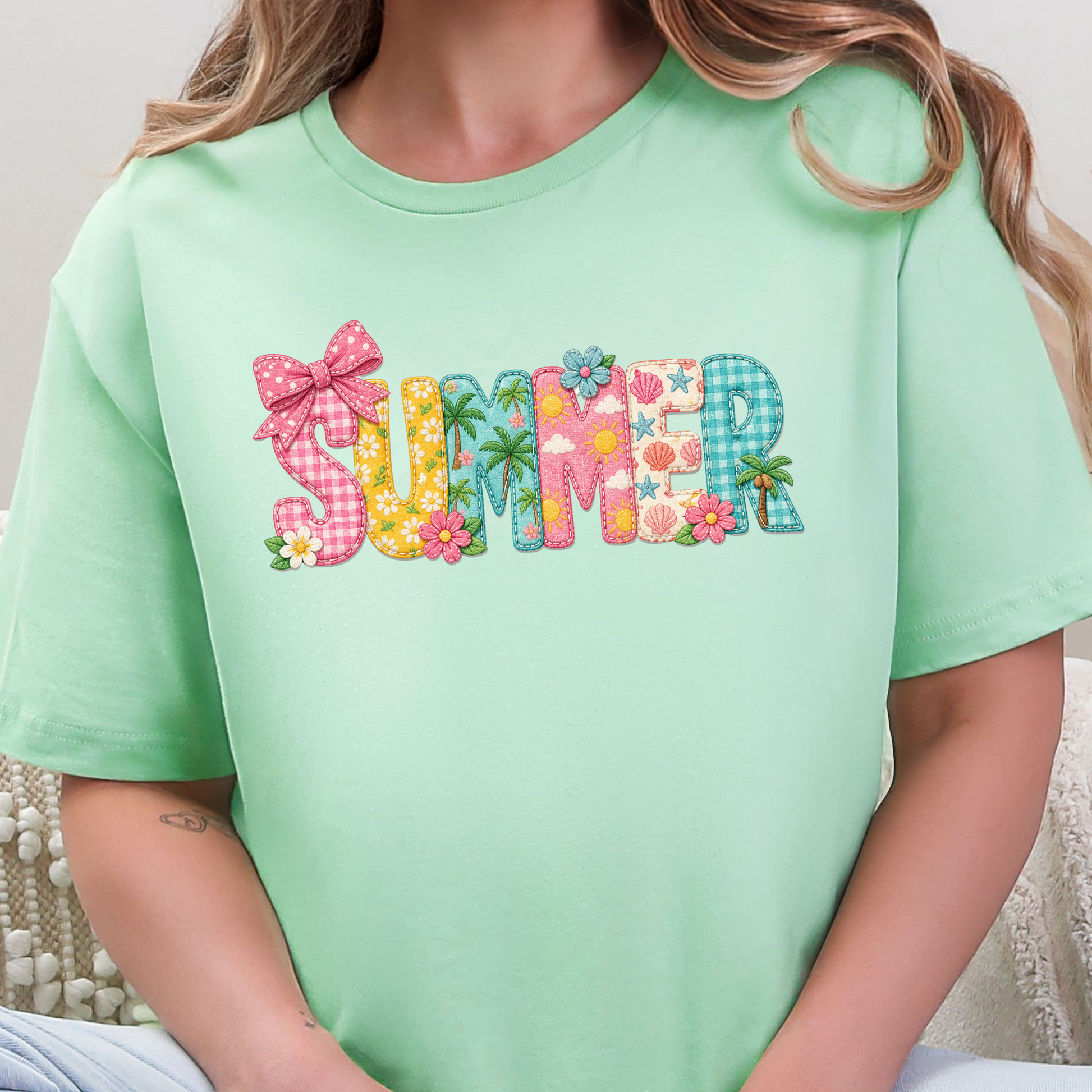 Wholesale Summer Patchwork Graphic Tee - Mint
