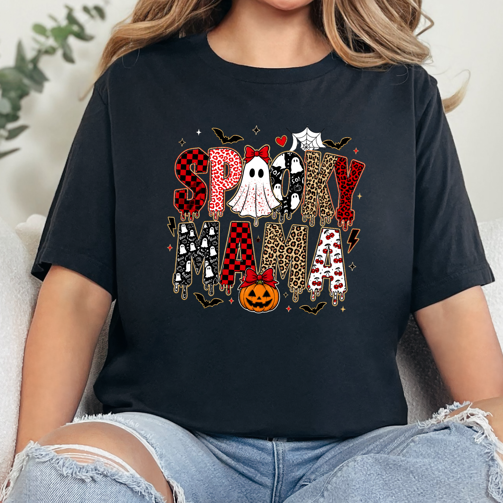 Wholesale Spooky Mama Cheetah Graphic Tee - Heather Black
