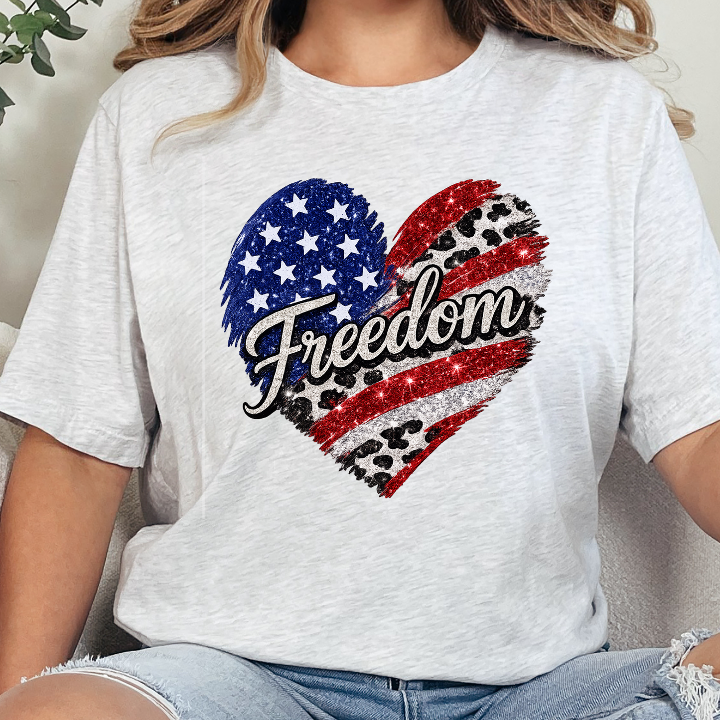 Wholesale Freedom Flag Cow Print Graphic Tee - Ash