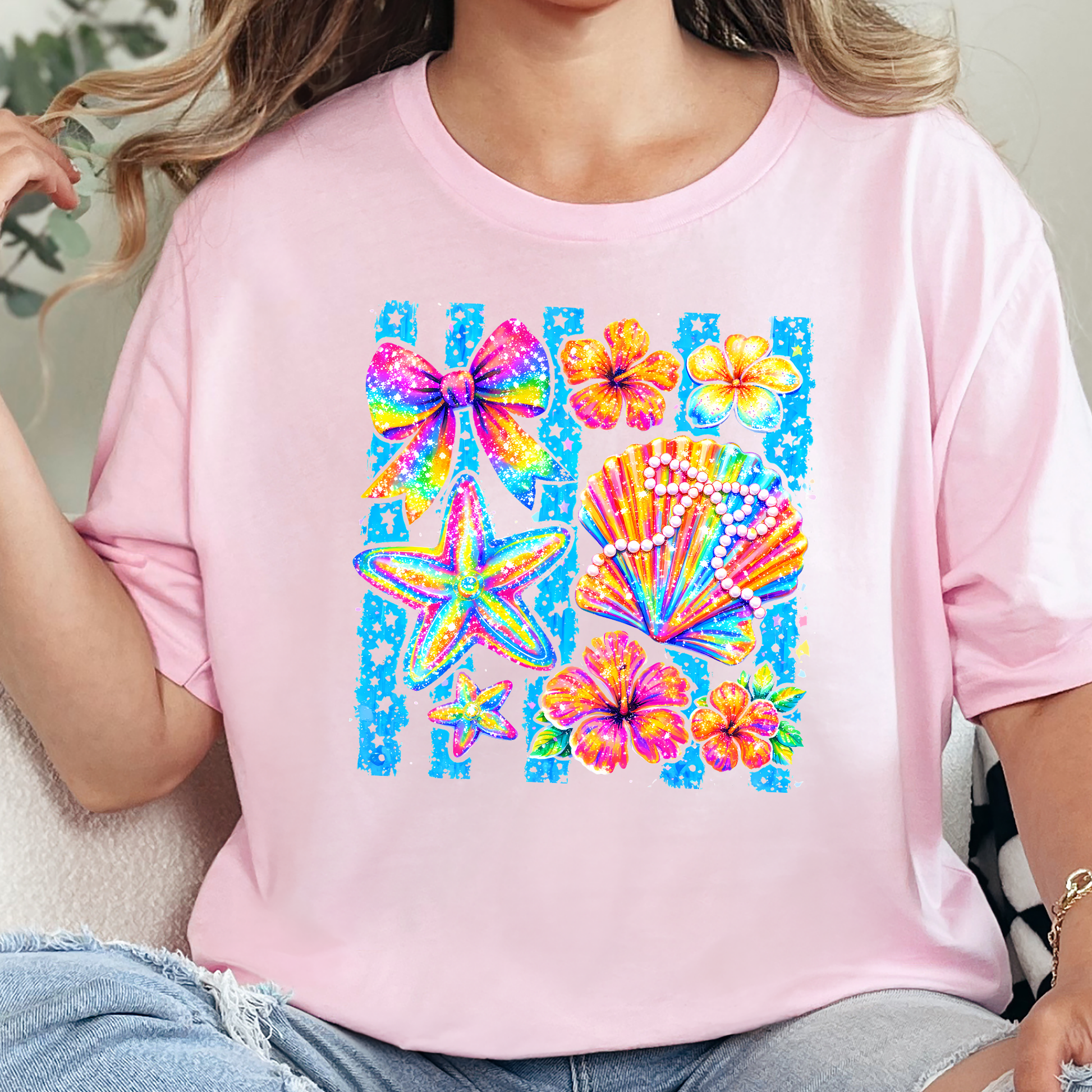 Wholesale Coastal Preppy Shells Graphic Tee - Soft Pink
