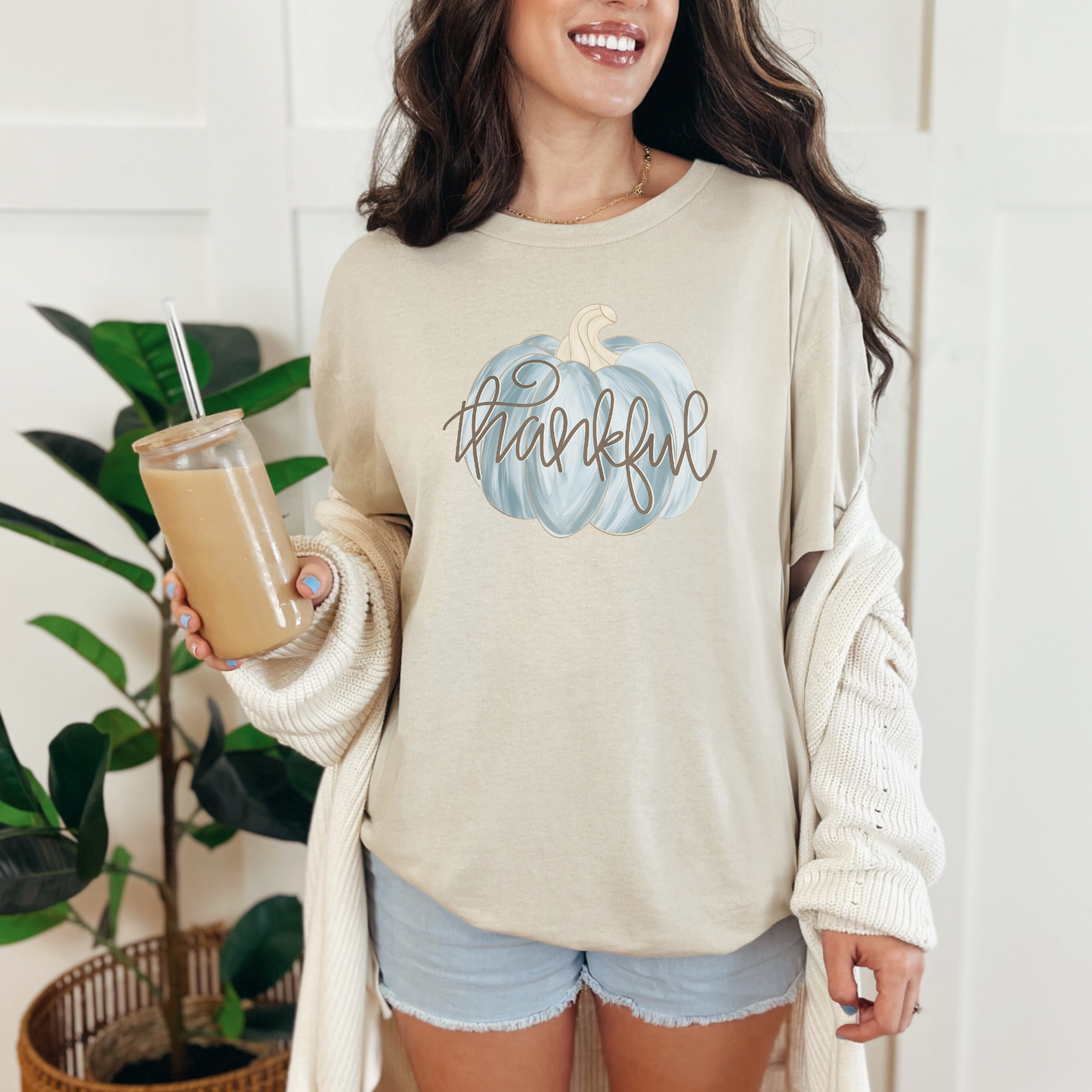 Wholesale Thankful Pumpkin Blue Graphic Tee - Natural Tee