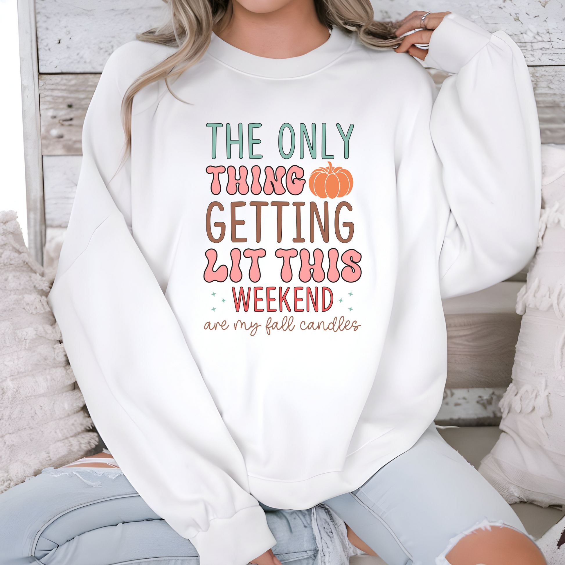 Wholesale Fall Candles Getting Lit Sweatshirt - White Sweatshirt