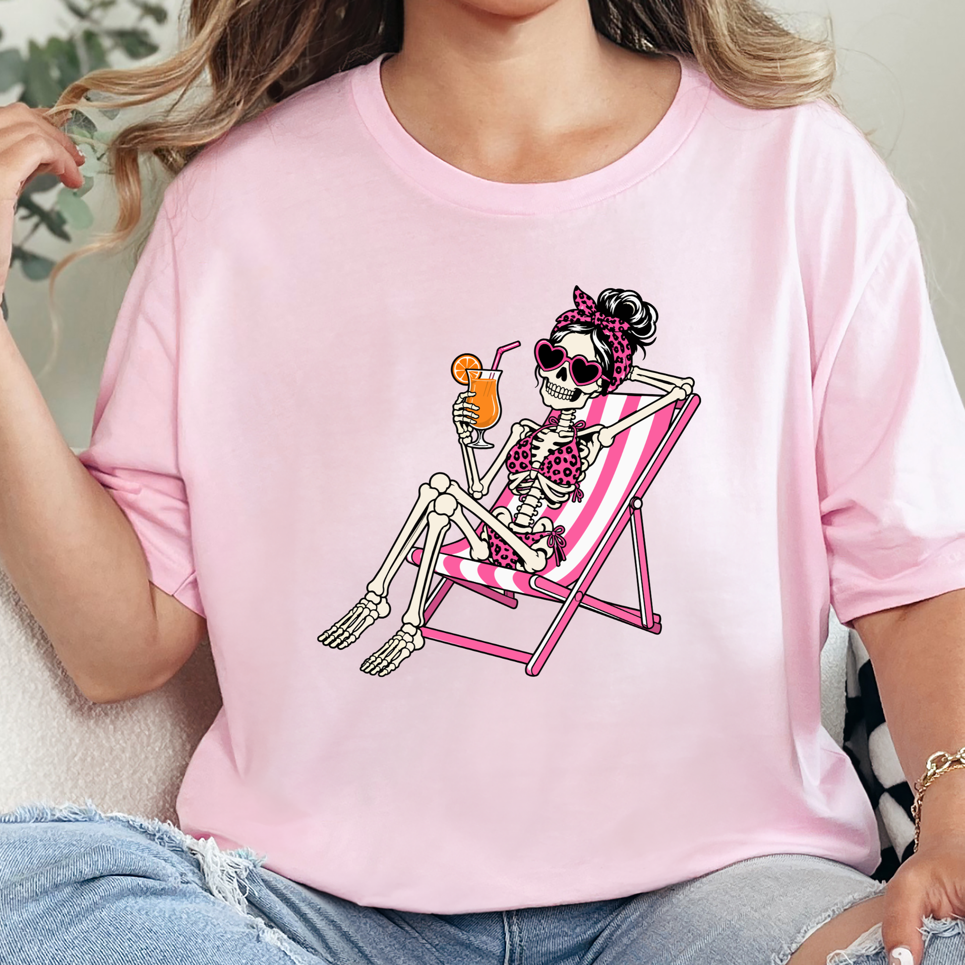 Wholesale Skeleton in Lawn Chair Graphic Tee - Soft Pink