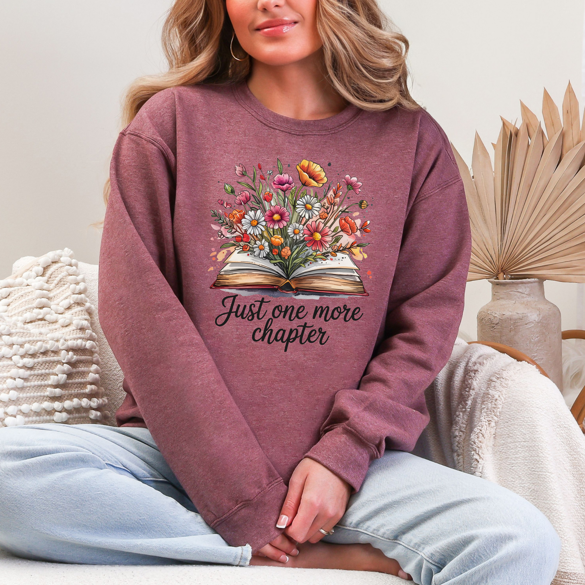 Wholesale Just One More Chapter Flowers Sweatshirt - Heather Dark Maroon Sweatshirt
