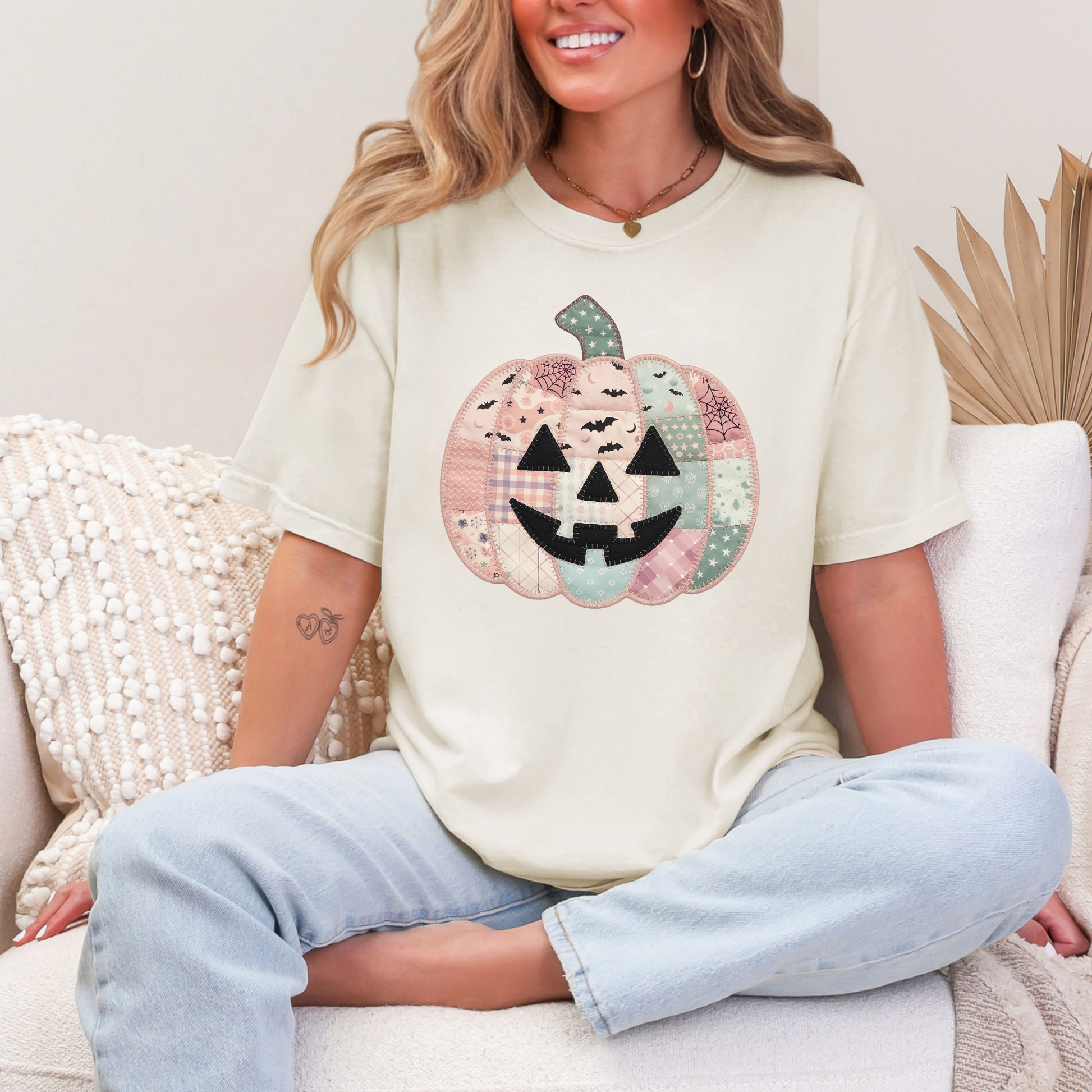 Wholesale Pink Patchwork Pumpkin Graphic Tee - CC Ivory Tee