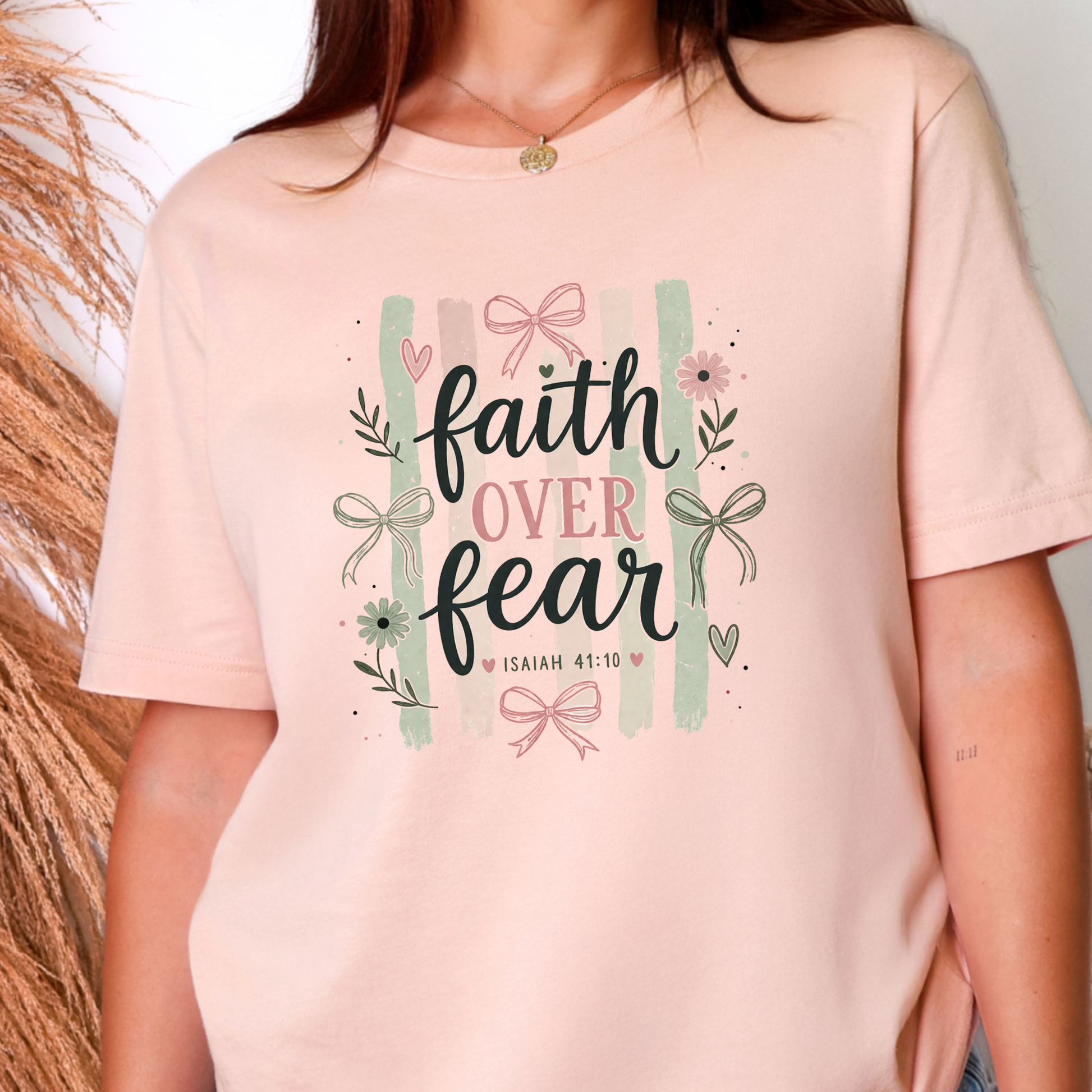 Wholesale Faith over Fear Stripes Graphic Tee - Peach