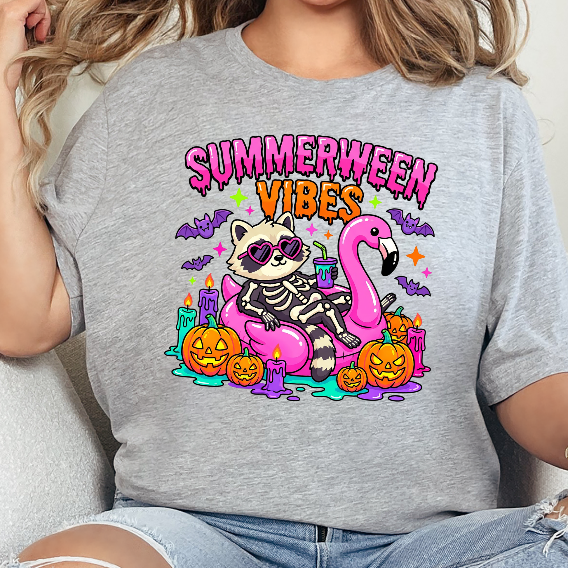 Wholesale Summerween Vibes Raccoon Graphic Tee - Grey