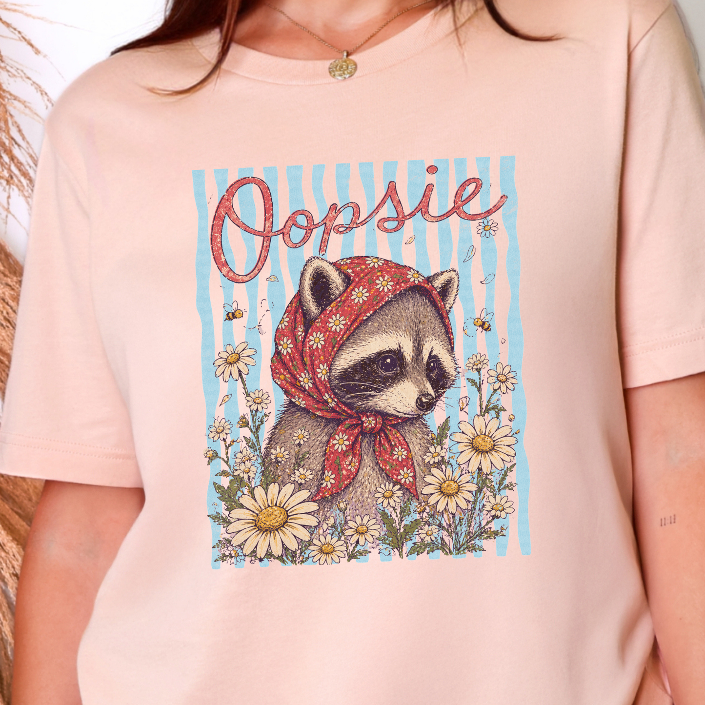 Wholesale Oopsie Raccoon Graphic Tee - Peach Tee