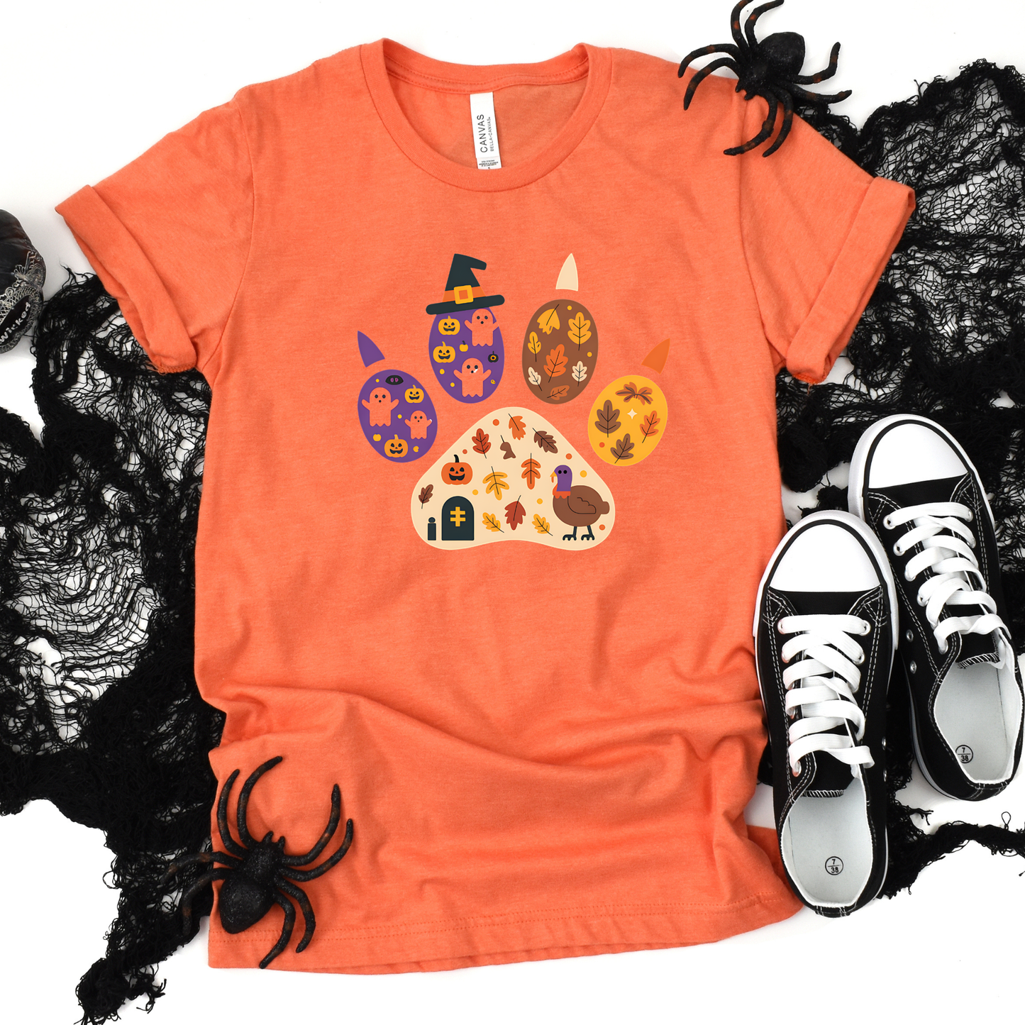 Wholesale Spooky Fall Paw Print Graphic Tee - Heather Orange