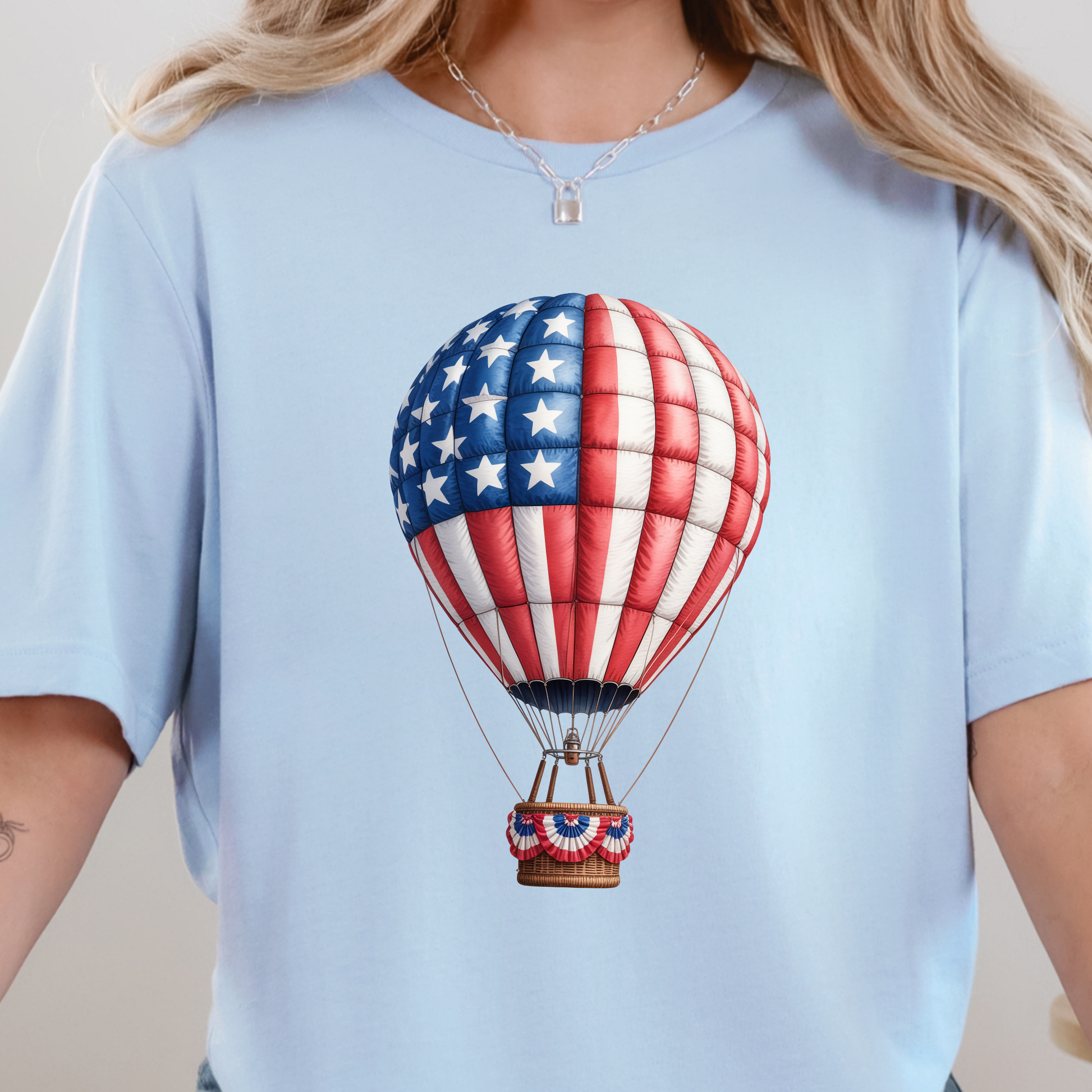 Wholesale Patriotic Hot Air Balloon Graphic Tee - Baby Blue