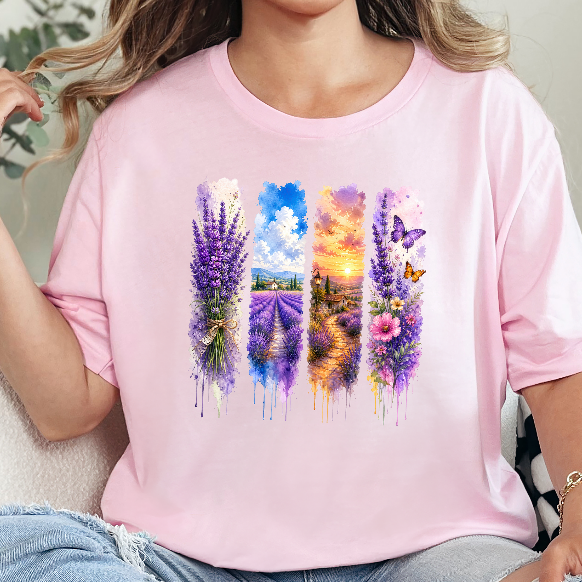 Wholesale Watercolor Summer Purple Graphic Tee - Soft Pink