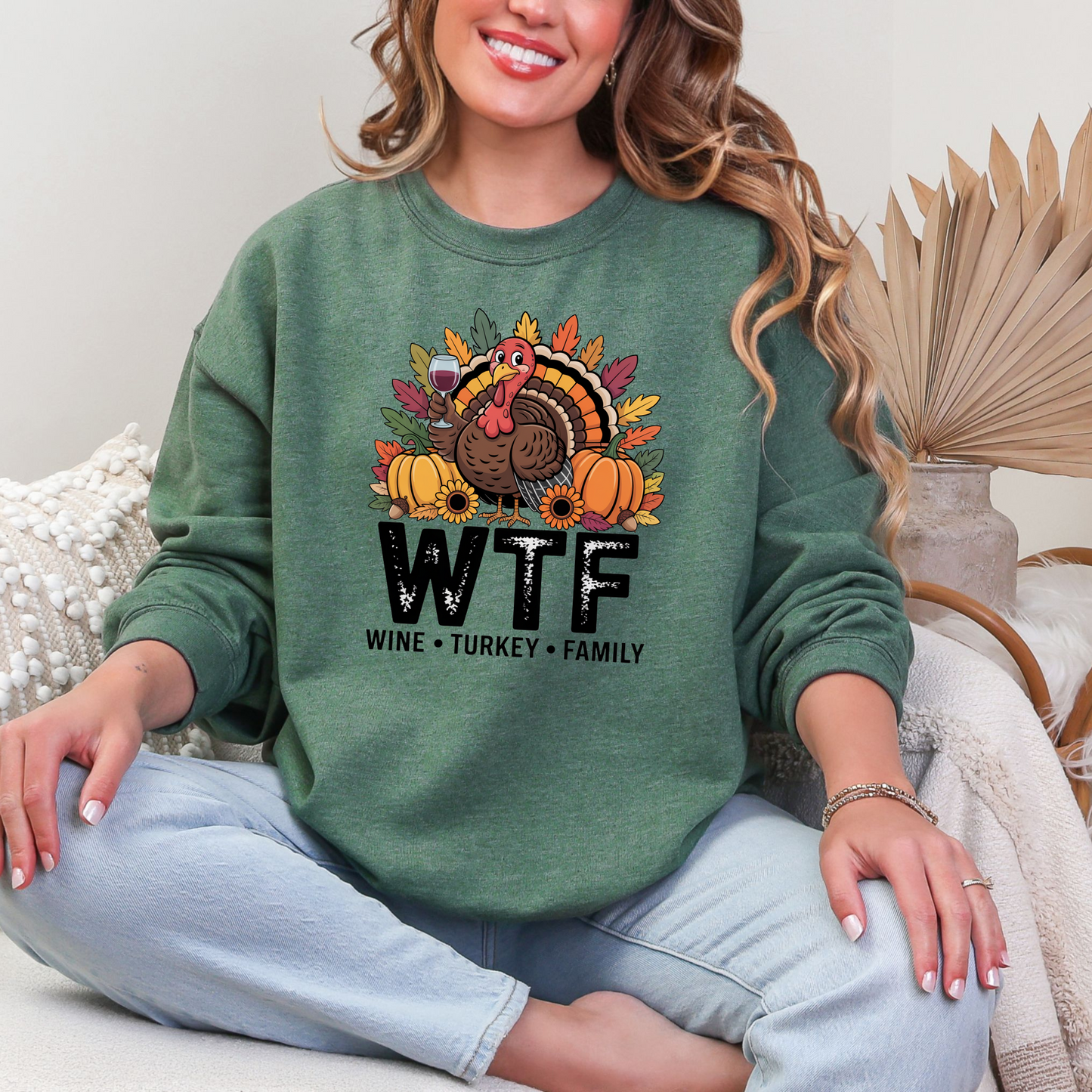 Wholesale WTF Thanksgiving Sweatshirt - Heather Dark Green Sweatshirt