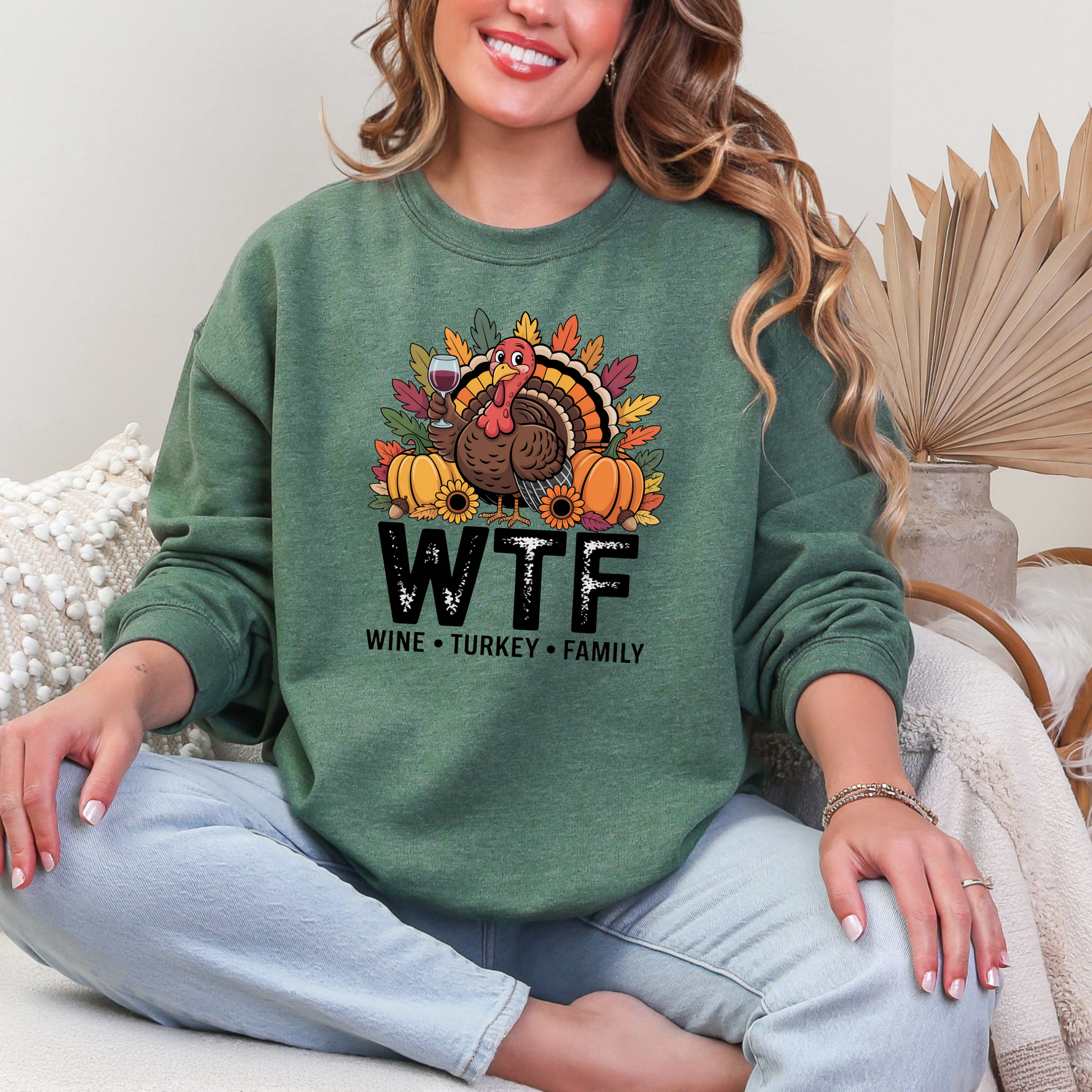 Wholesale WTF Thanksgiving Sweatshirt - Heather Dark Green Sweatshirt