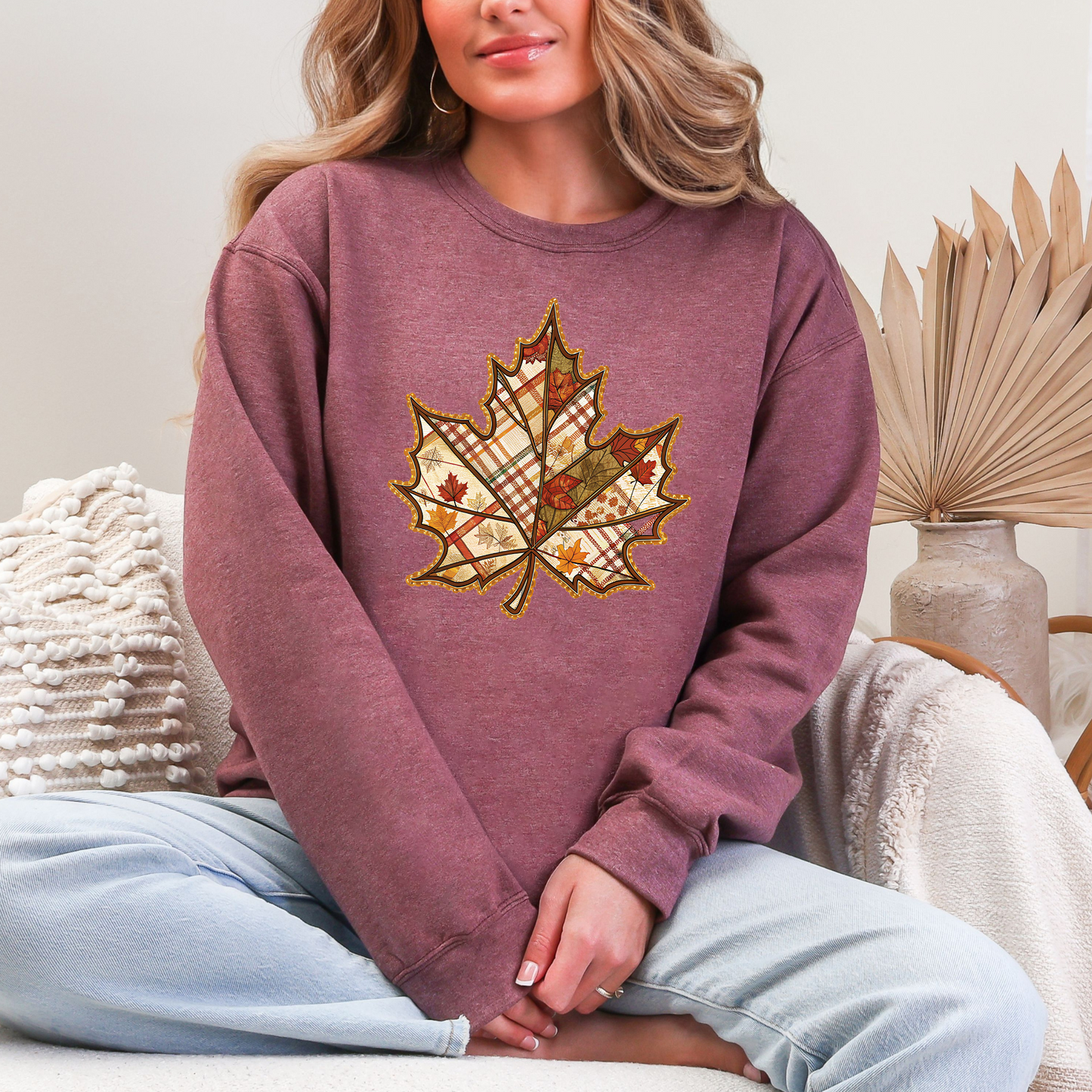 Wholesale Maple Leaf Patchwork Sweatshirt - Heather Dark Maroon Sweatshirt