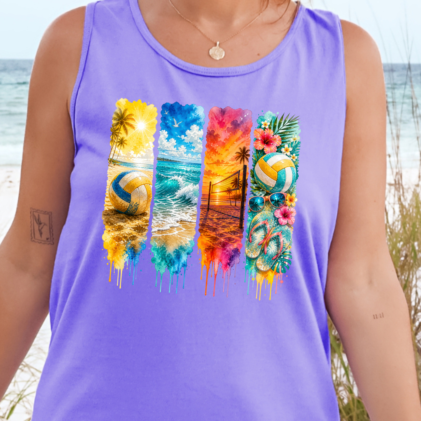 Wholesale Watercolor Summer Beach Graphic Tank Top - CC Violet