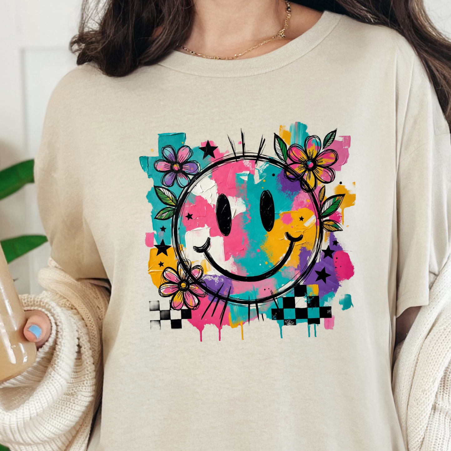 Wholesale Floral Happy Face Graphic Tee - Natural Tee