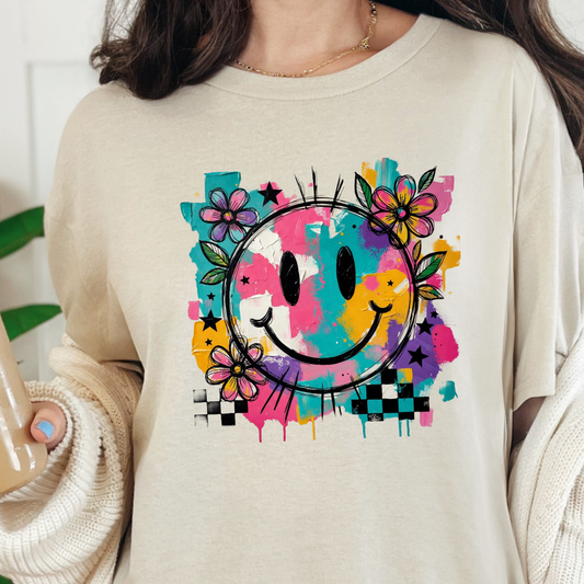 Wholesale Floral Happy Face Graphic Tee - Natural Tee