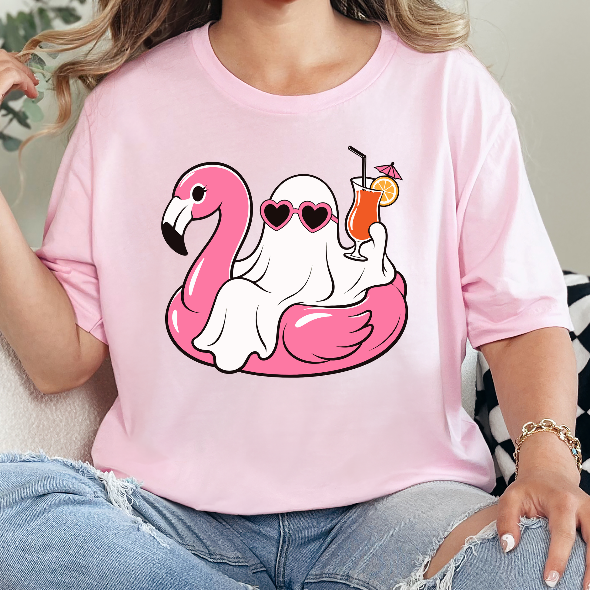 Wholesale Ghost with Pink Flamingo Graphic Tee - Soft Pink