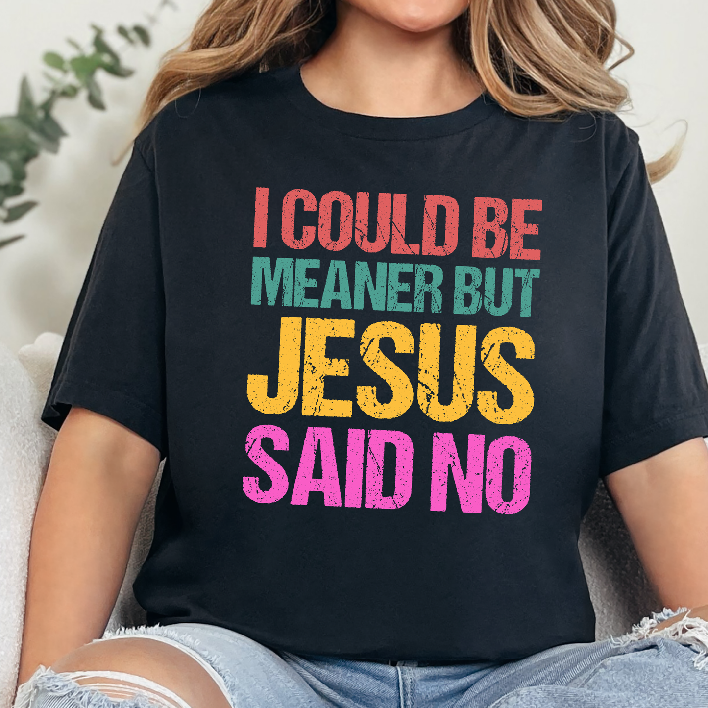 Wholesale Meaner but Jesus Said No Graphic Tee - Heather Black