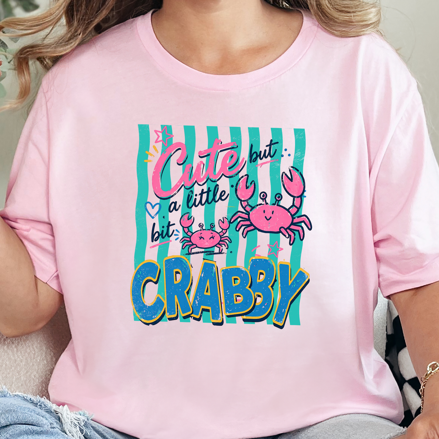 Wholesale Cute But Crabby Graphic Tee - Soft Pink Tee