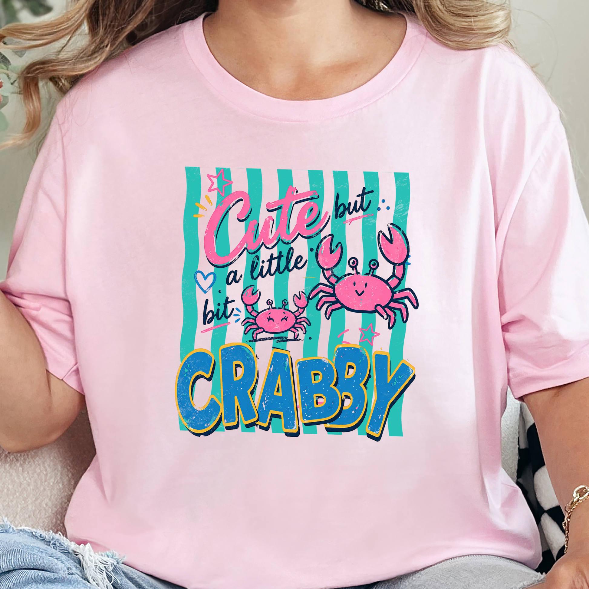Wholesale Cute But Crabby Graphic Tee - Soft Pink Tee