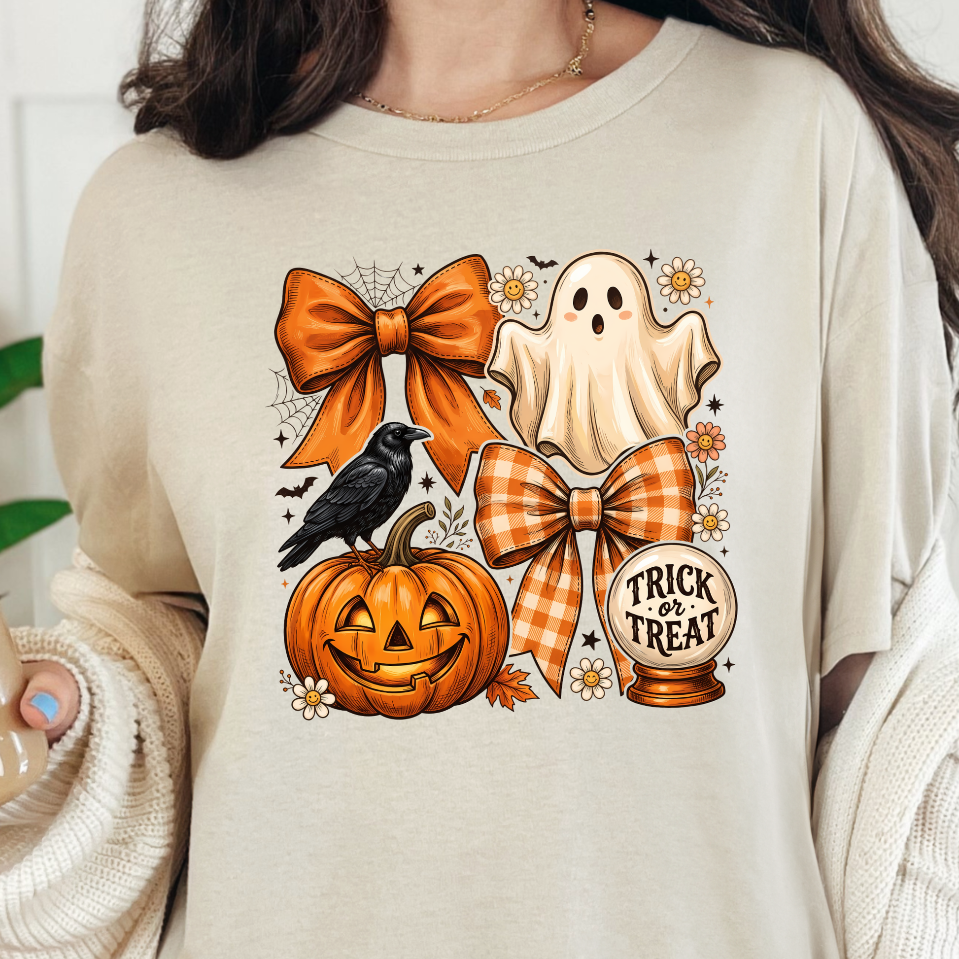 Wholesale Preppy Halloween Coquette Ghost Graphic Tee - Natural