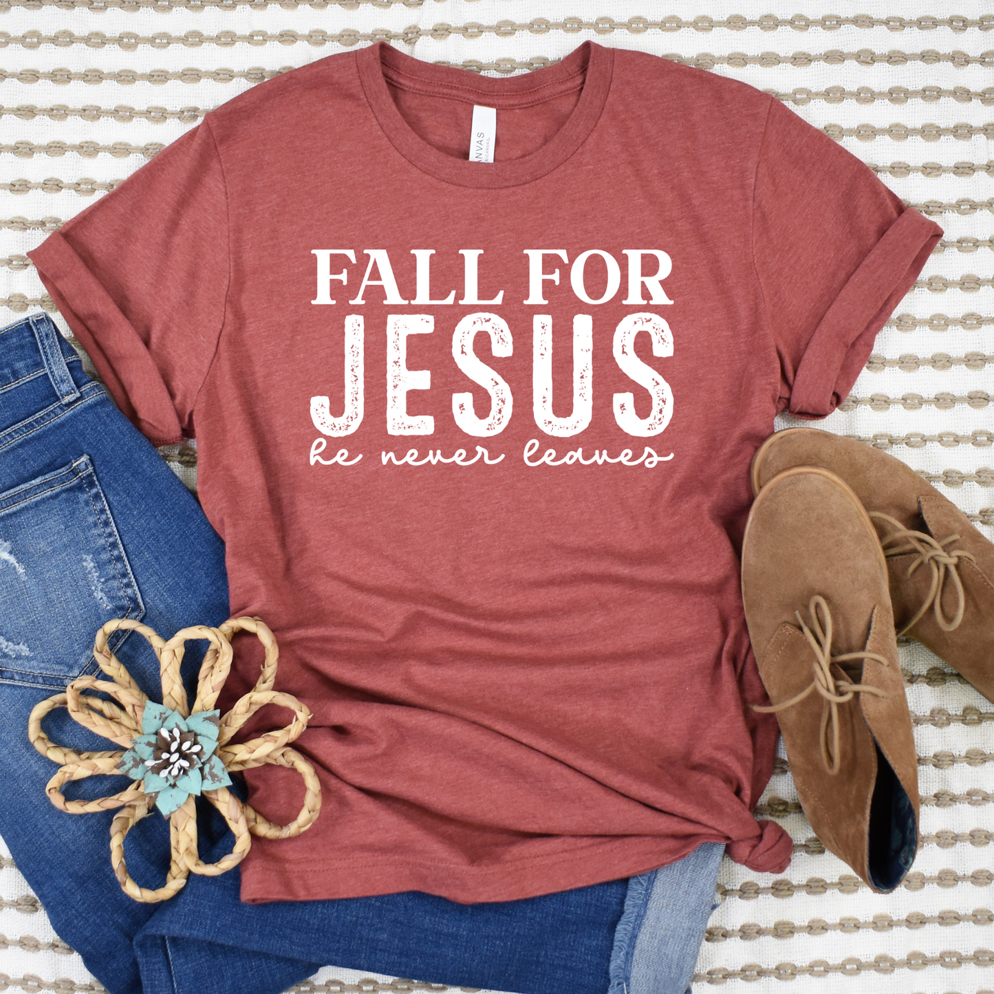 Wholesale Fall for Jesus he never leaves Graphic Tee - Heather Clay Tee