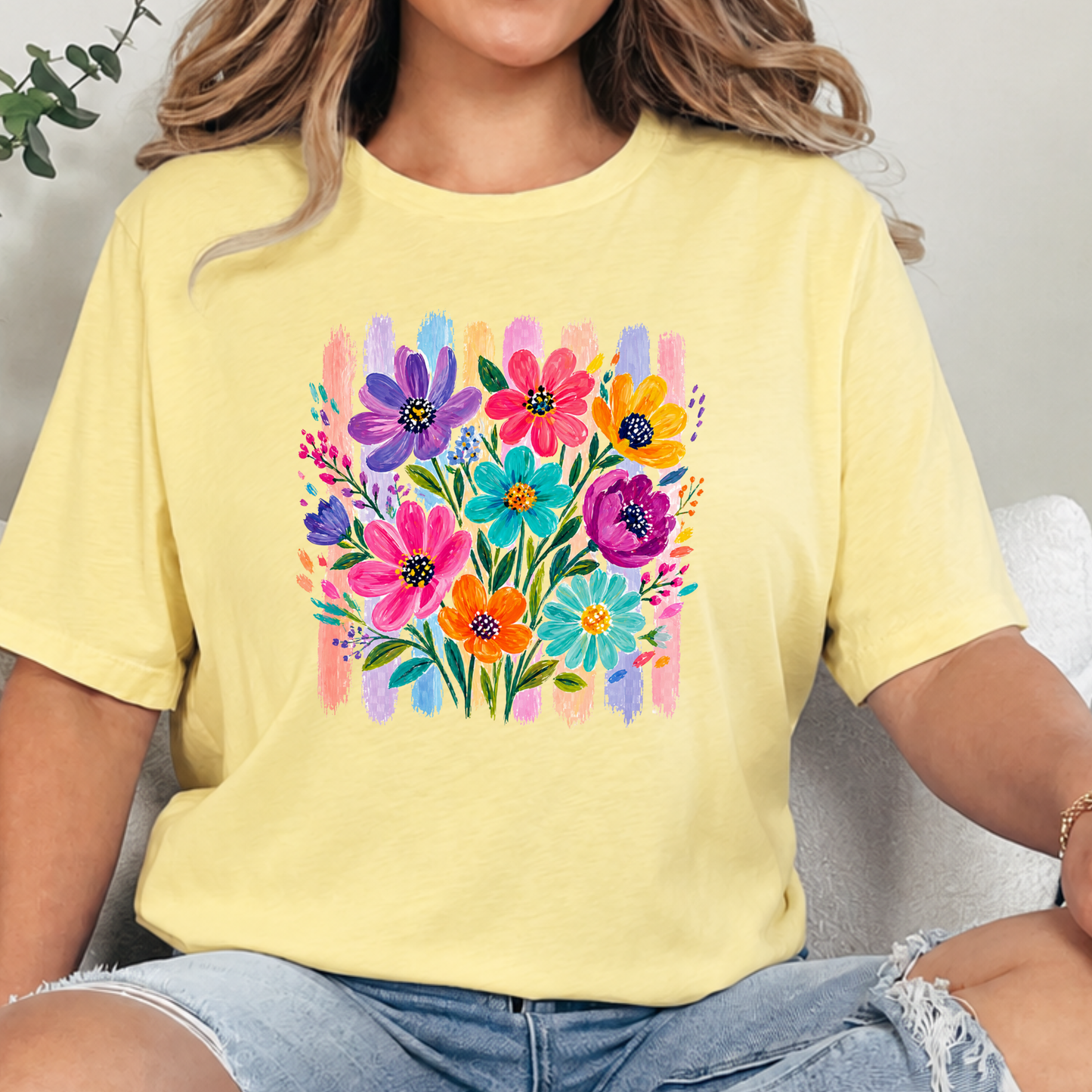 Wholesale Boho Floral Brushstroke Graphic Tee - Heather French Vanilla
