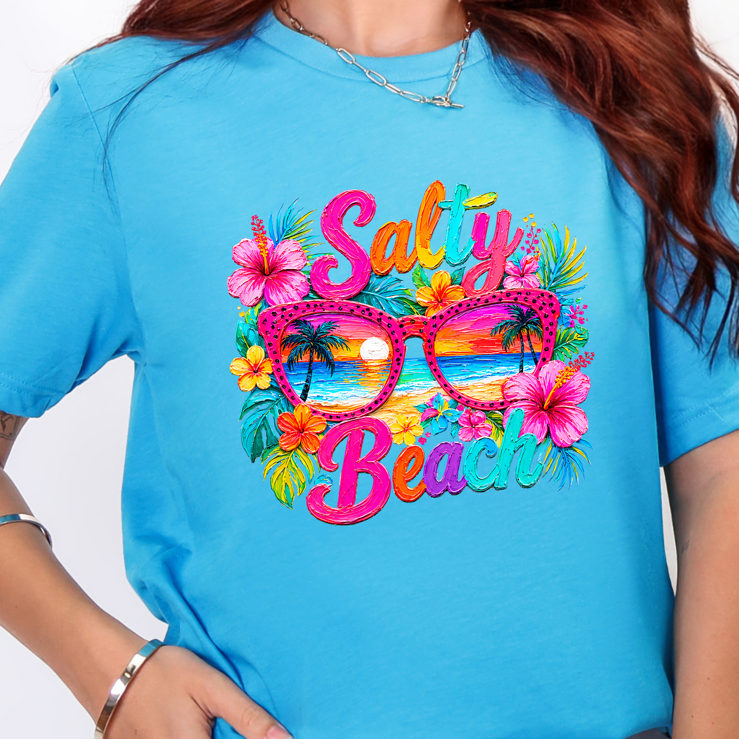 Wholesale Floral Salty Beach Graphic Tee - Heather Aqua