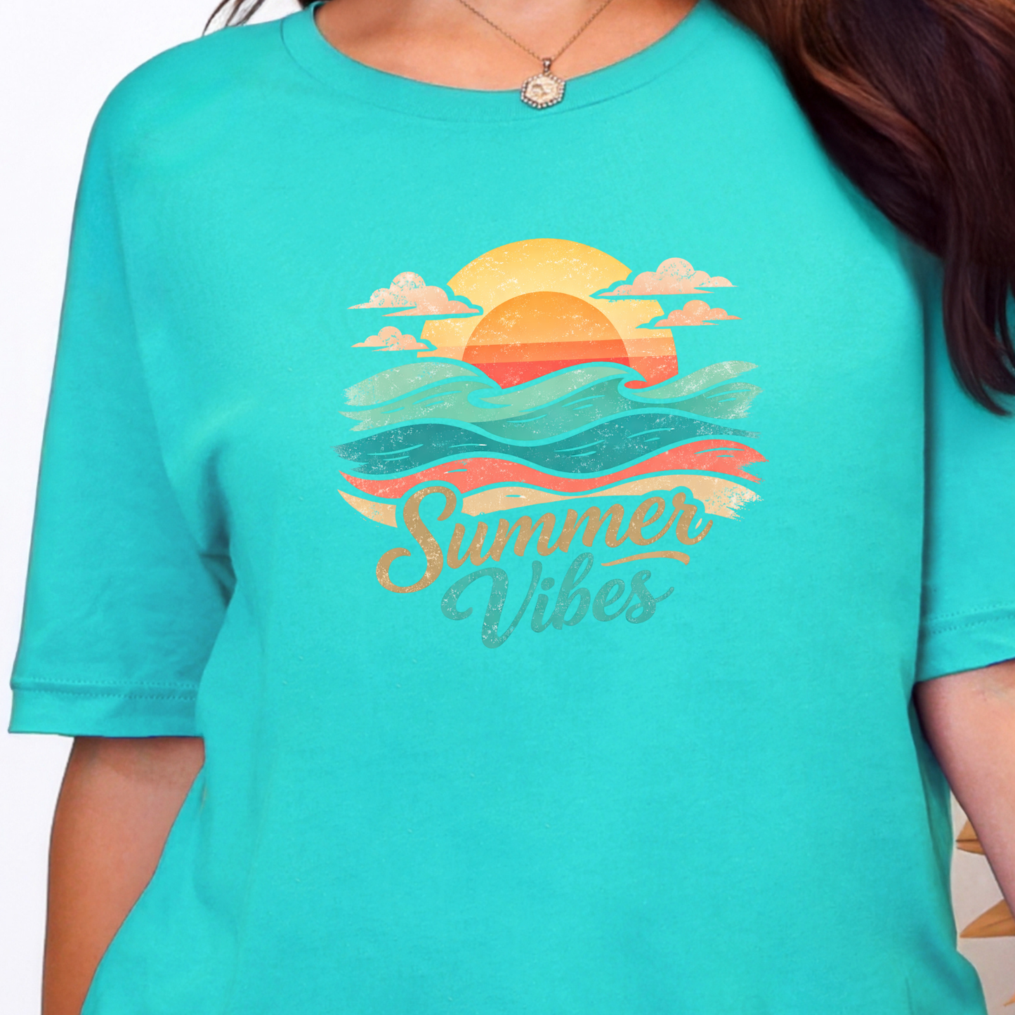 Wholesale Summer Vibes Sunset Graphic Tee - Heather Sea Green