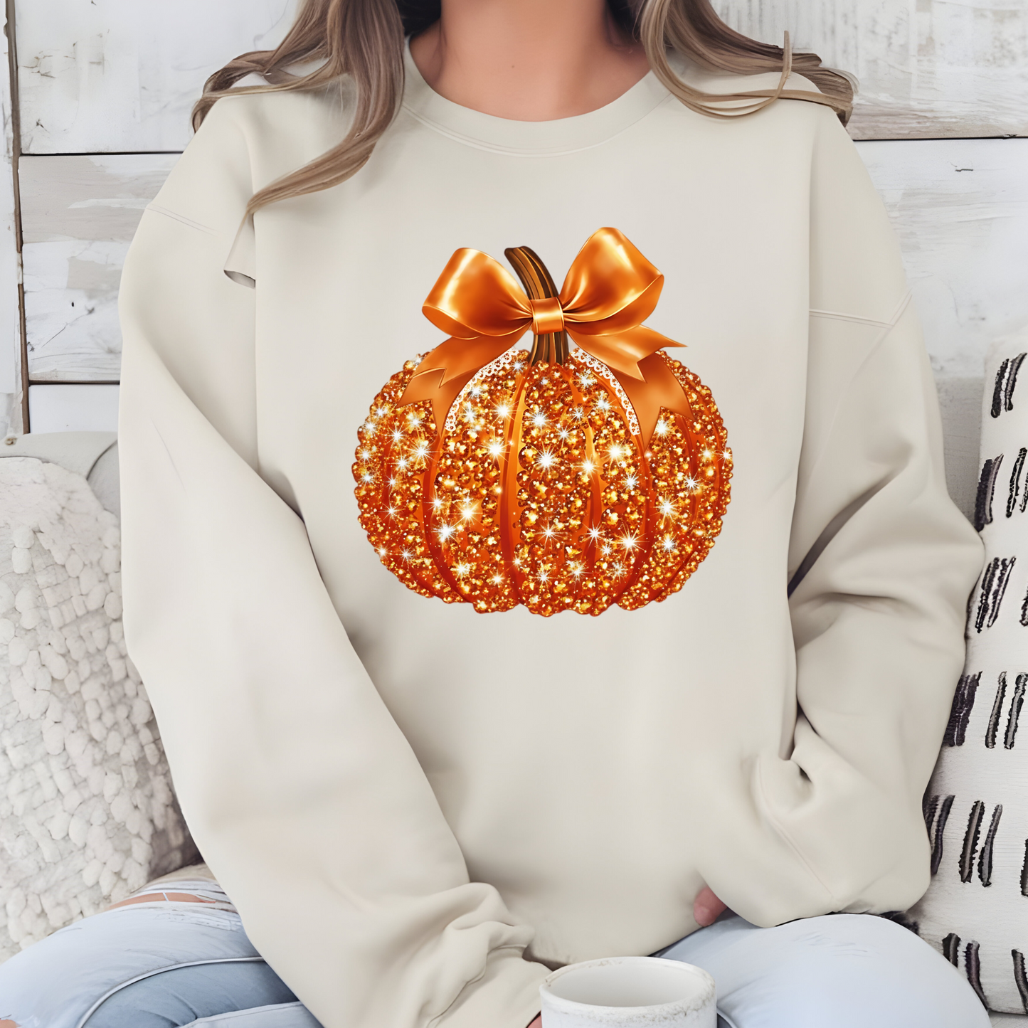 Wholesale Disco Glitter Pumpkin Sweatshirt - Sand Sweatshirt