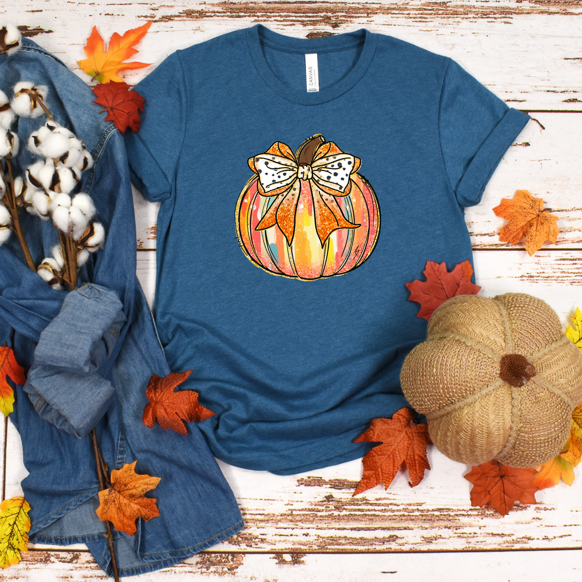 Wholesale Colorful Pumpkin Bow Graphic Tee - Heather Deep Teal Tee