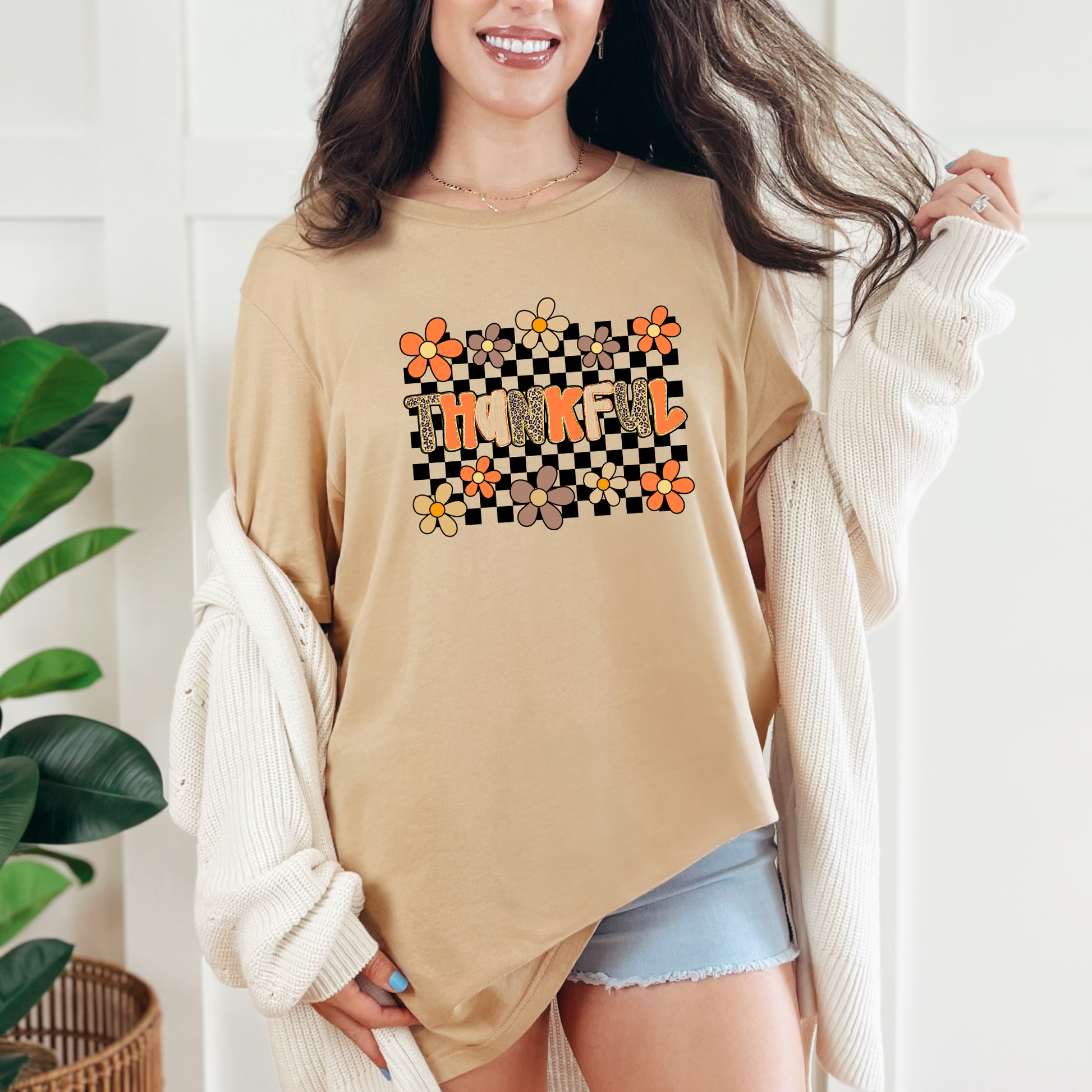Wholesale Thankful Checkerboard Graphic Tee - Sand Dune Tee