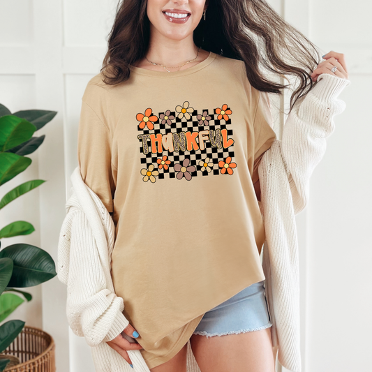 Wholesale Thankful Checkerboard Graphic Tee - Sand Dune Tee