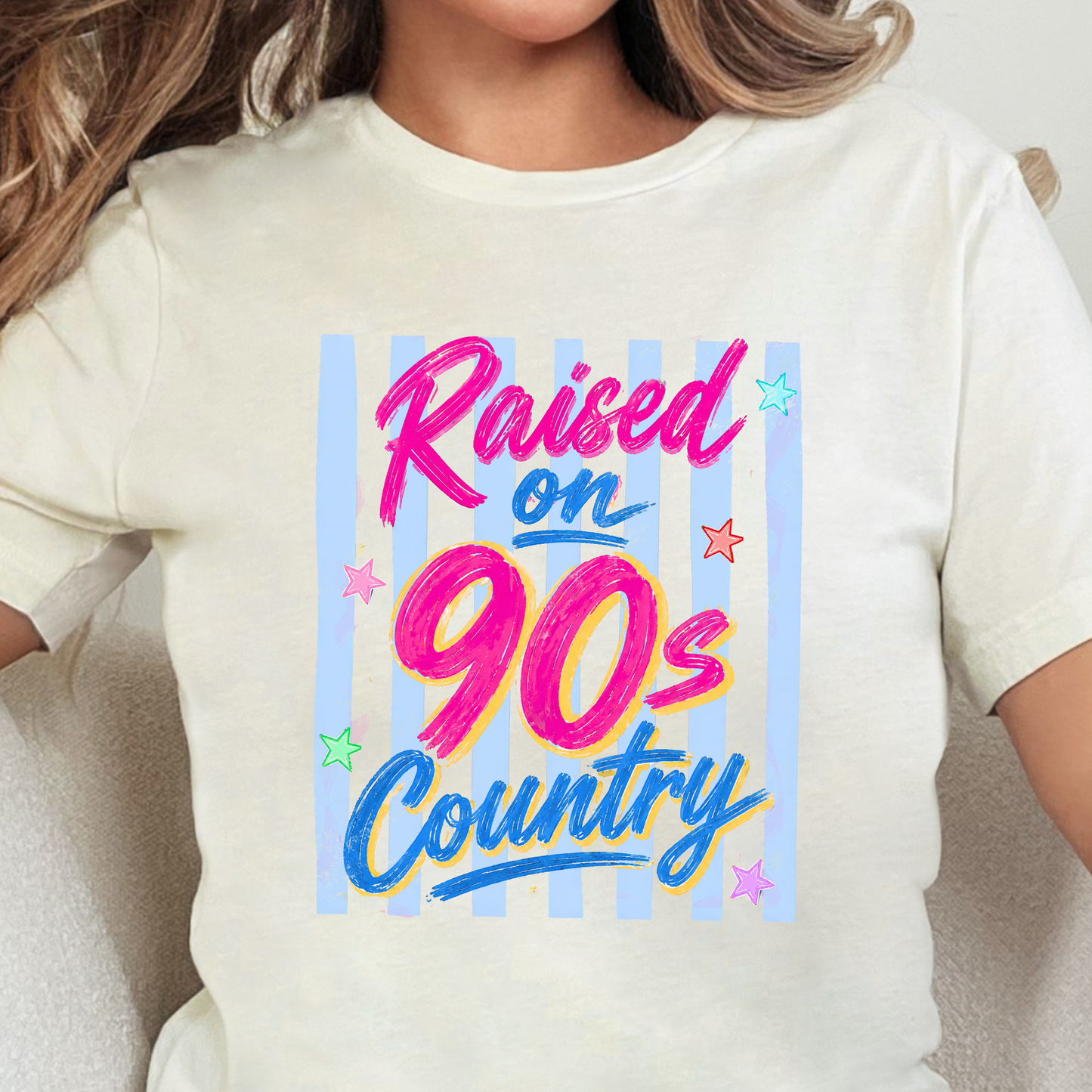 Wholesale Raised on 90s Country Stripes Graphic Tee - Natural