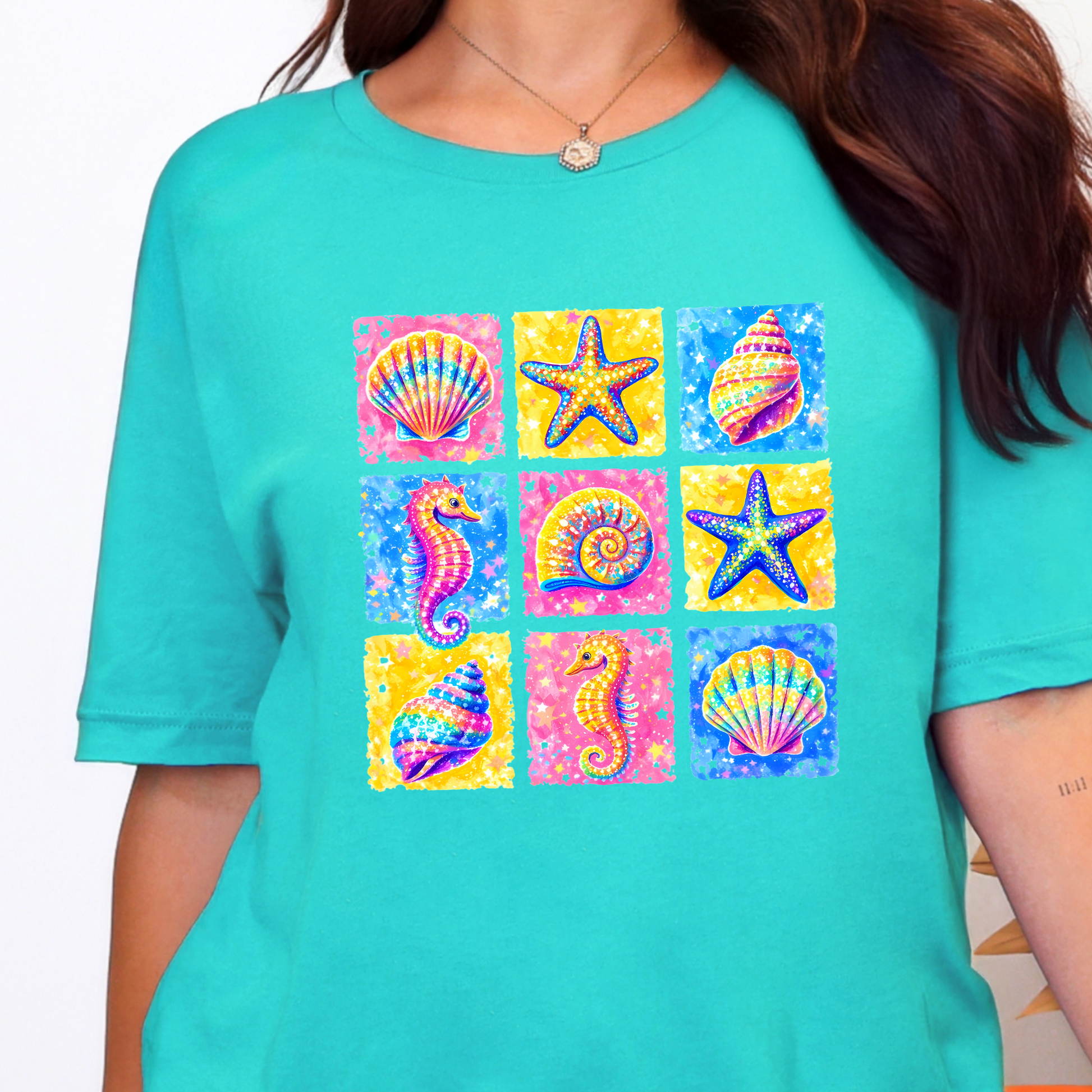 Wholesale Preppy Summer Grid Graphic Tee - Heather Sea Green