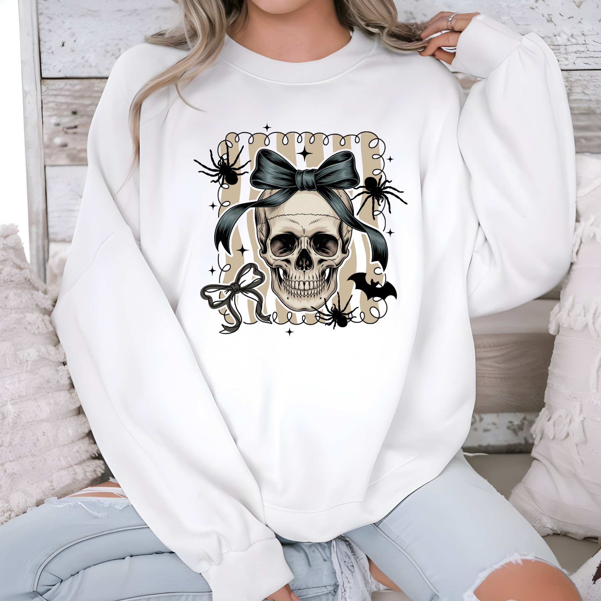 Wholesale Skull with Bow Sweatshirt - White Sweatshirt