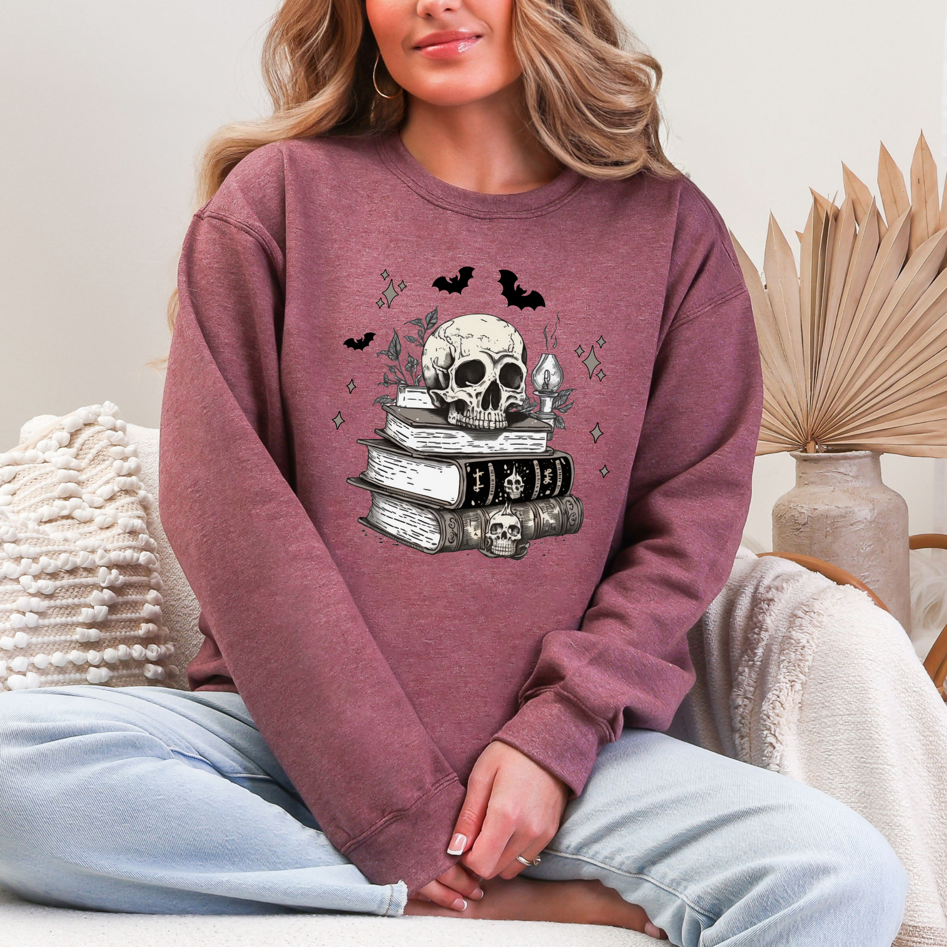 Wholesale Skull on Books Sweatshirt - Heather Dark Maroon Sweatshirt