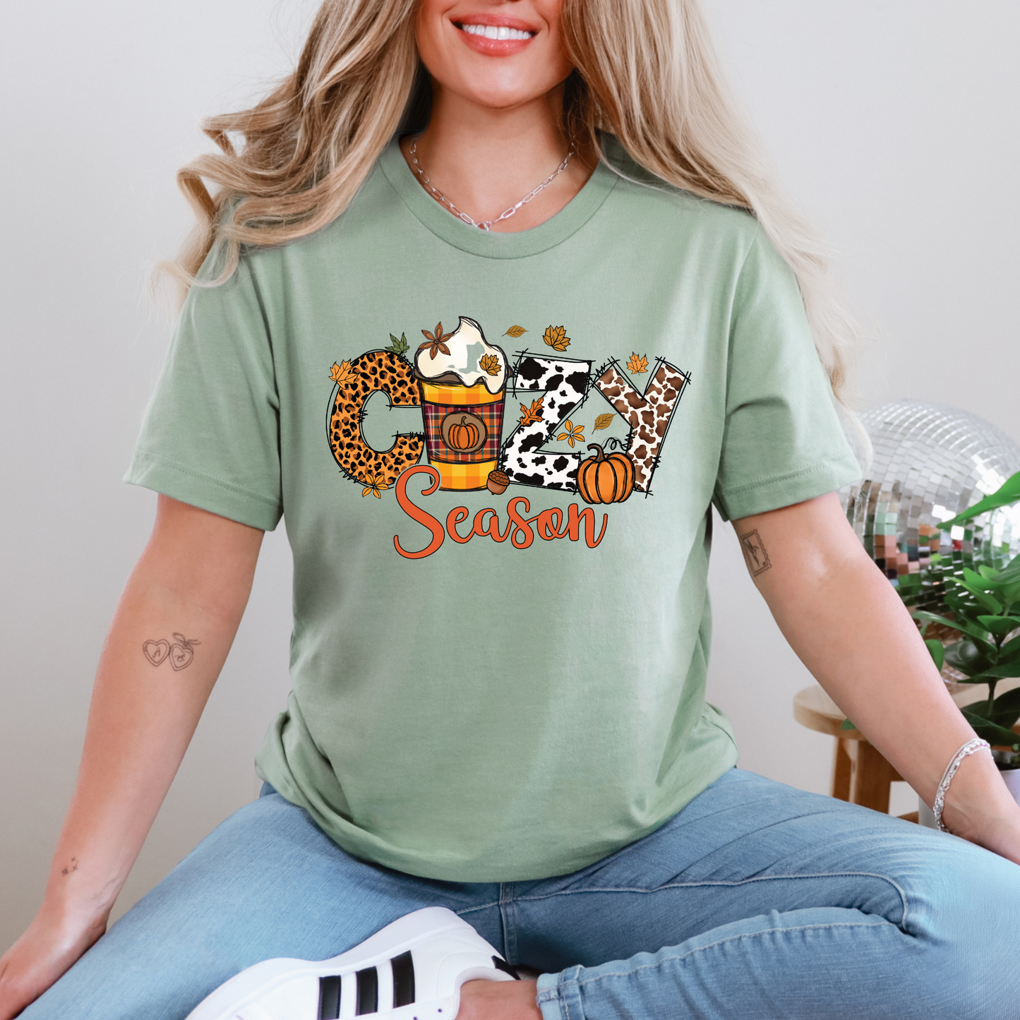 Wholesale Cozy Season Cow Graphic Tee - Sage Tee