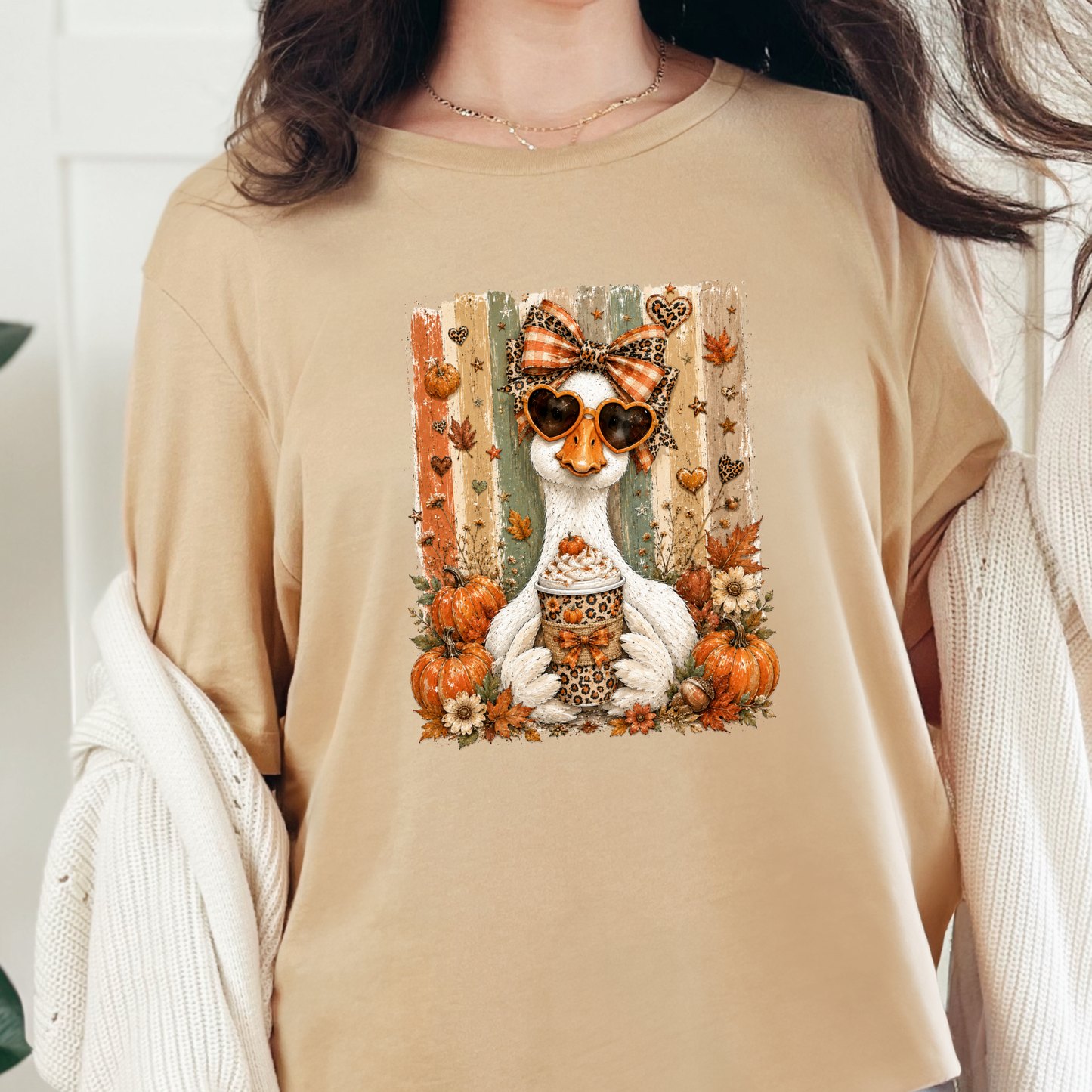 Wholesale Preppy Fall Goose Graphic Tee - Sand Dune