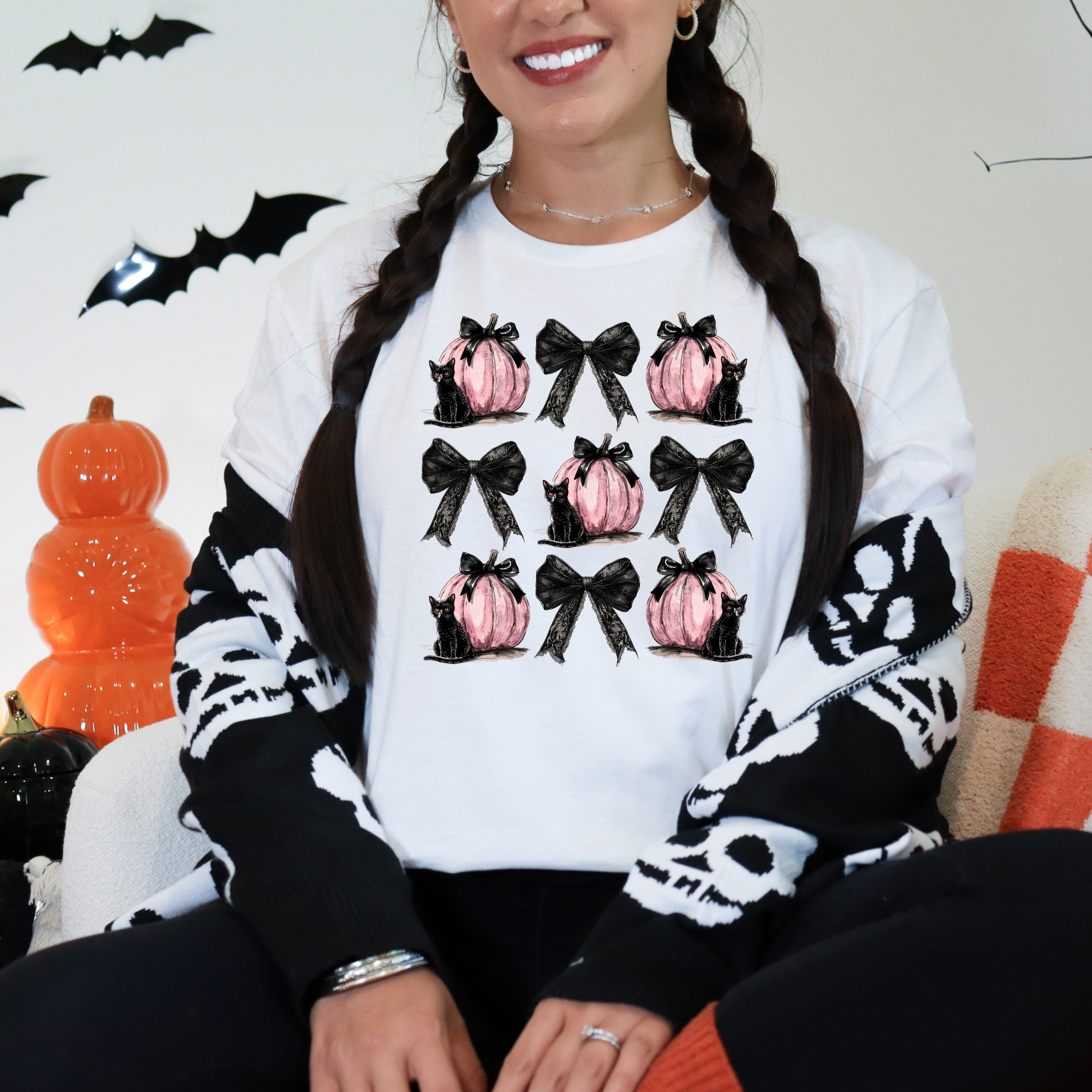 Wholesale Pink Pumpkin Coquette Graphic Tee - White Tee